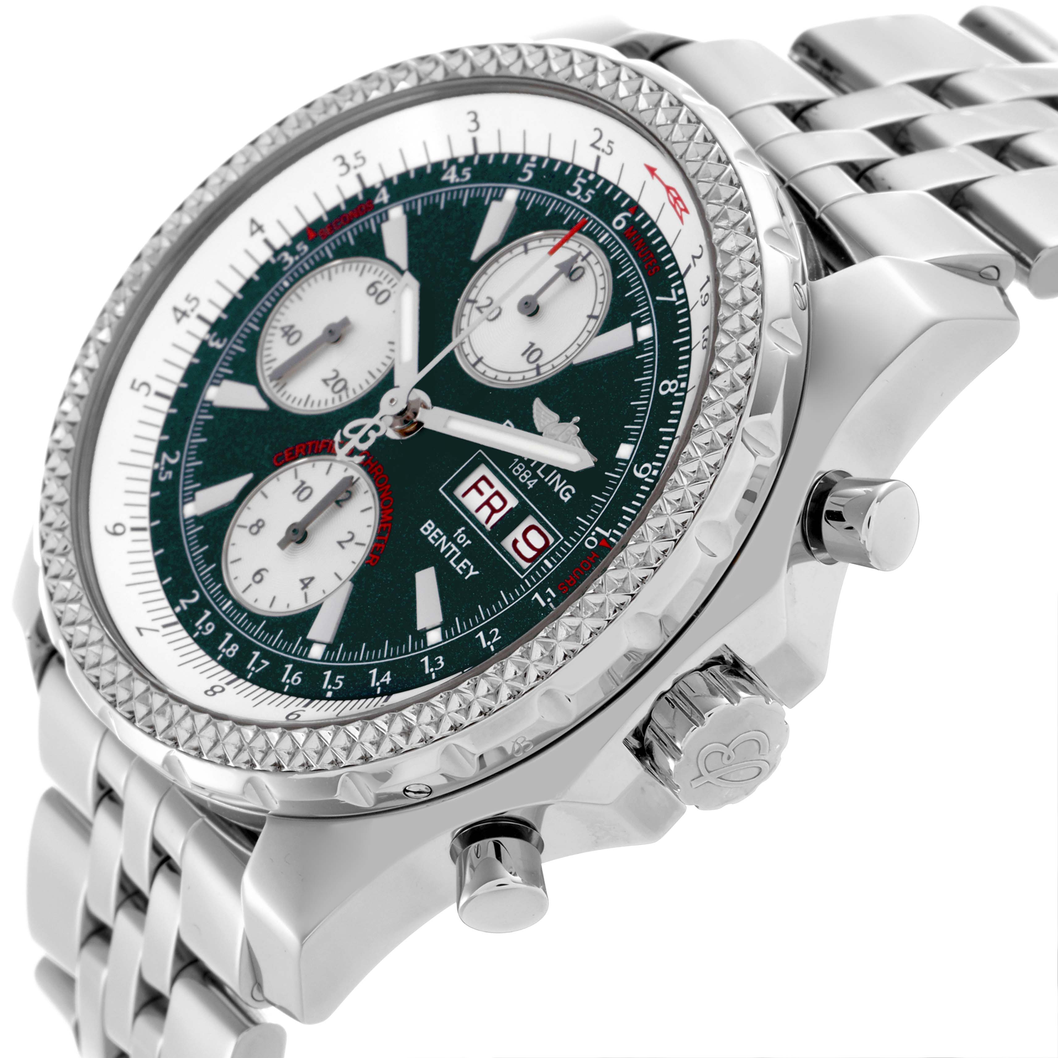 The Breitling Bentley A1336212/L503-SS Men's Stainless Steel Green Dial A1336212/L503-SS Men's Stainless Steel Green Dial watch is shown at an angled side view, detailing the bezel, crown, and bracelet.