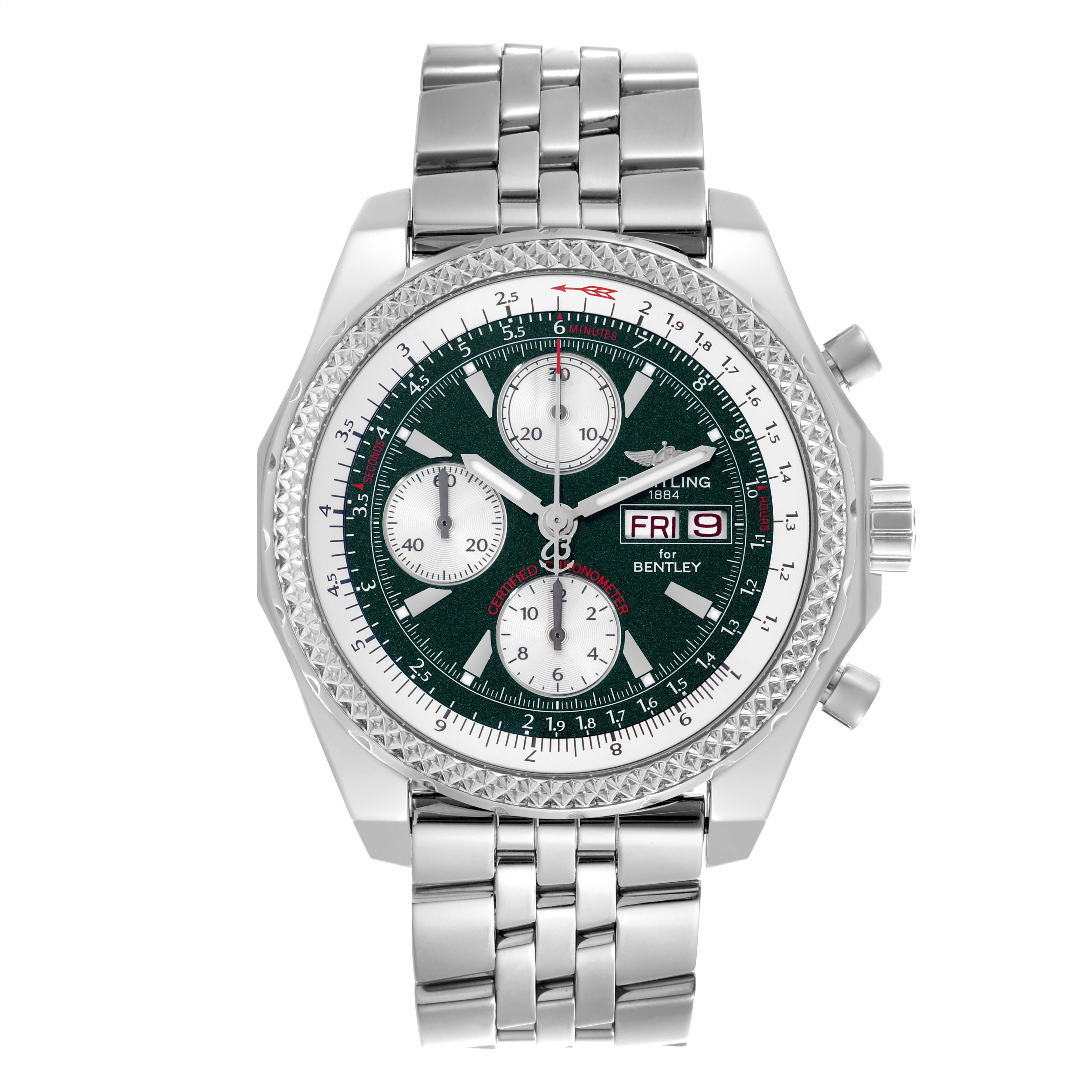 The Bentley model by Breitling is shown from the front, displaying its face, bezel, bracelet, and chronograph dials.