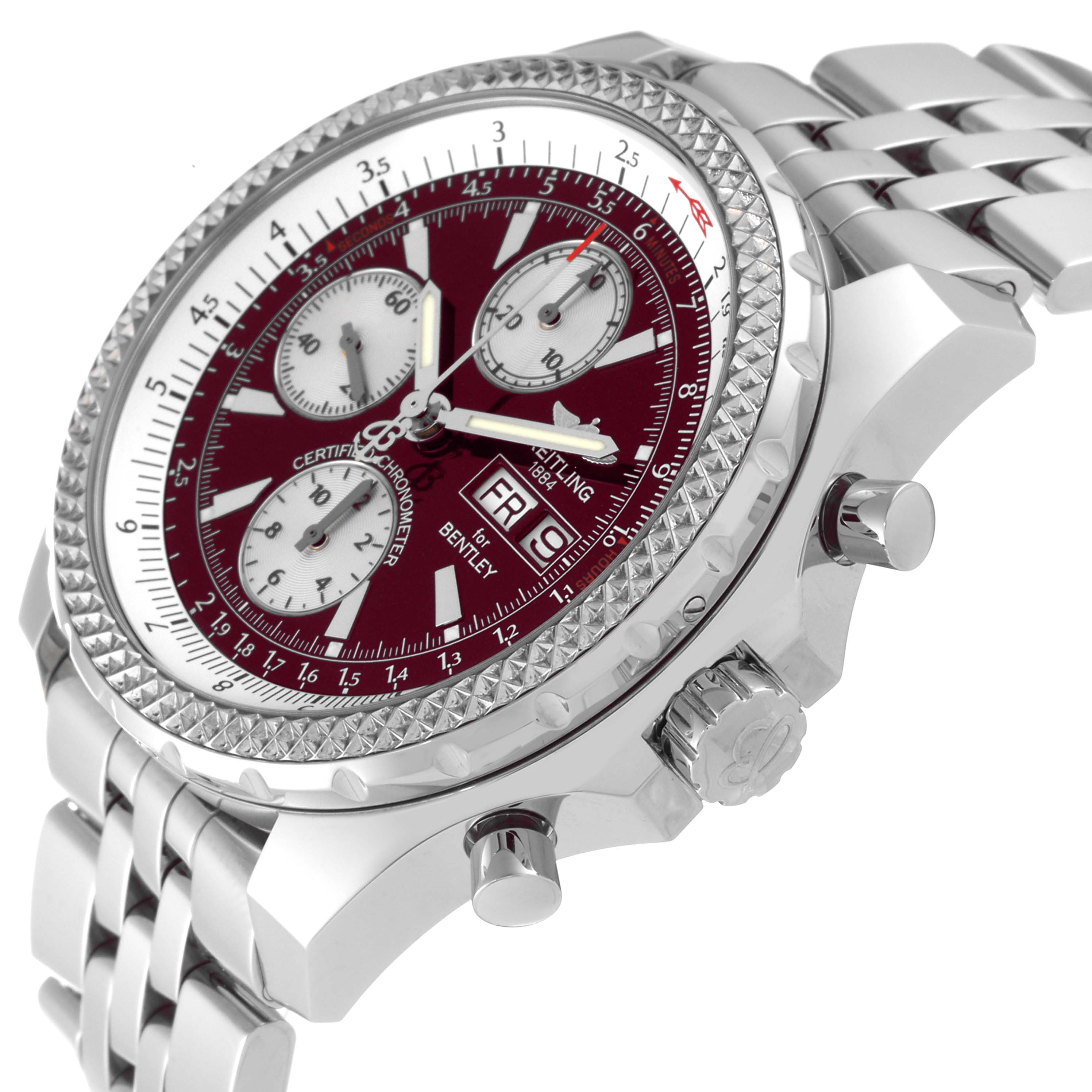 The image shows a Breitling Bentley A13362 Men's Stainless Steel Red Dial A13362 Men's Stainless Steel Red Dial model watch from a side angle, showcasing the face, bezel, crown, and bracelet.