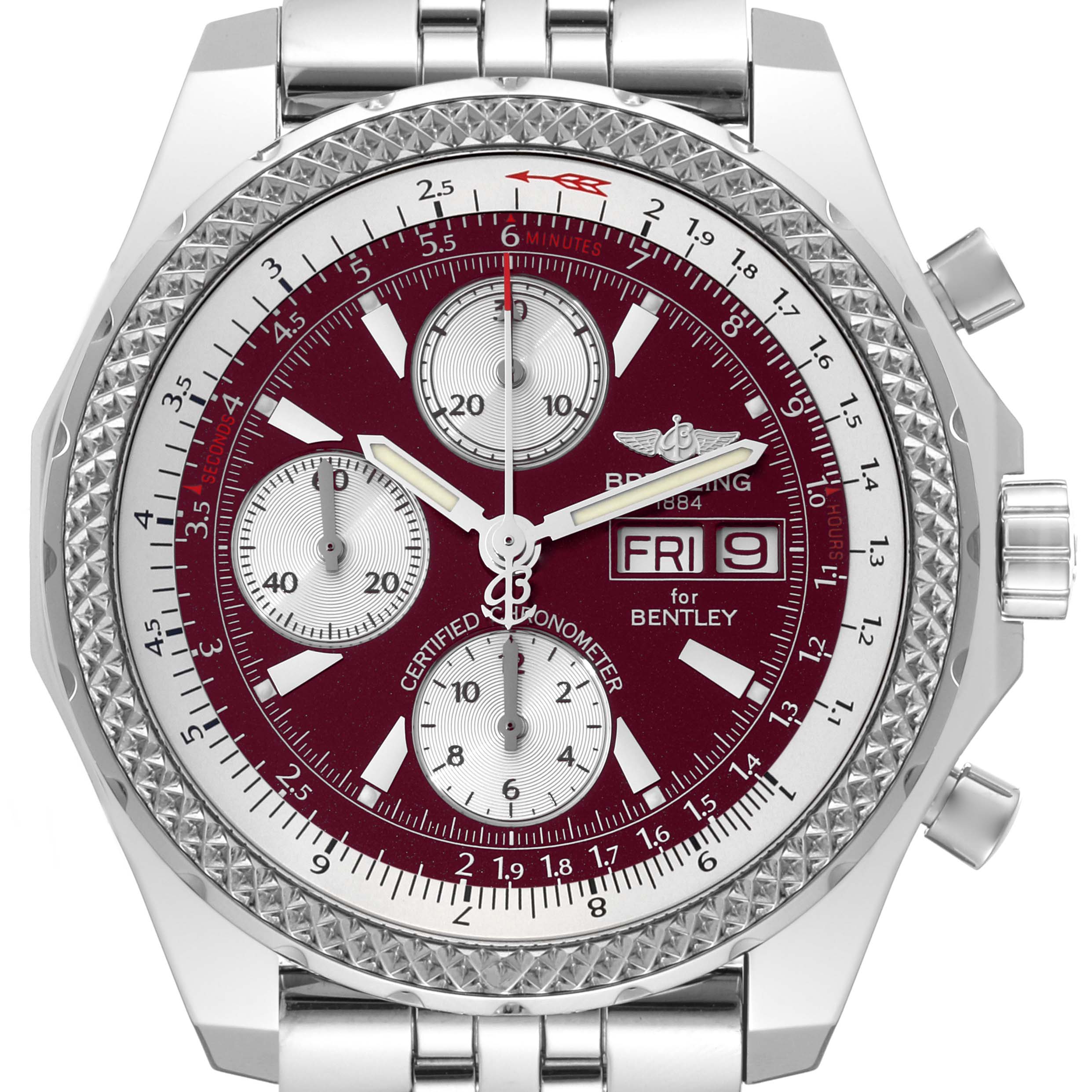 This image shows a front view of the Breitling Bentley A13362 Men's Stainless Steel Red Dial A13362 Men's Stainless Steel Red Dial watch featuring a maroon dial with chronograph subdials and a date display.