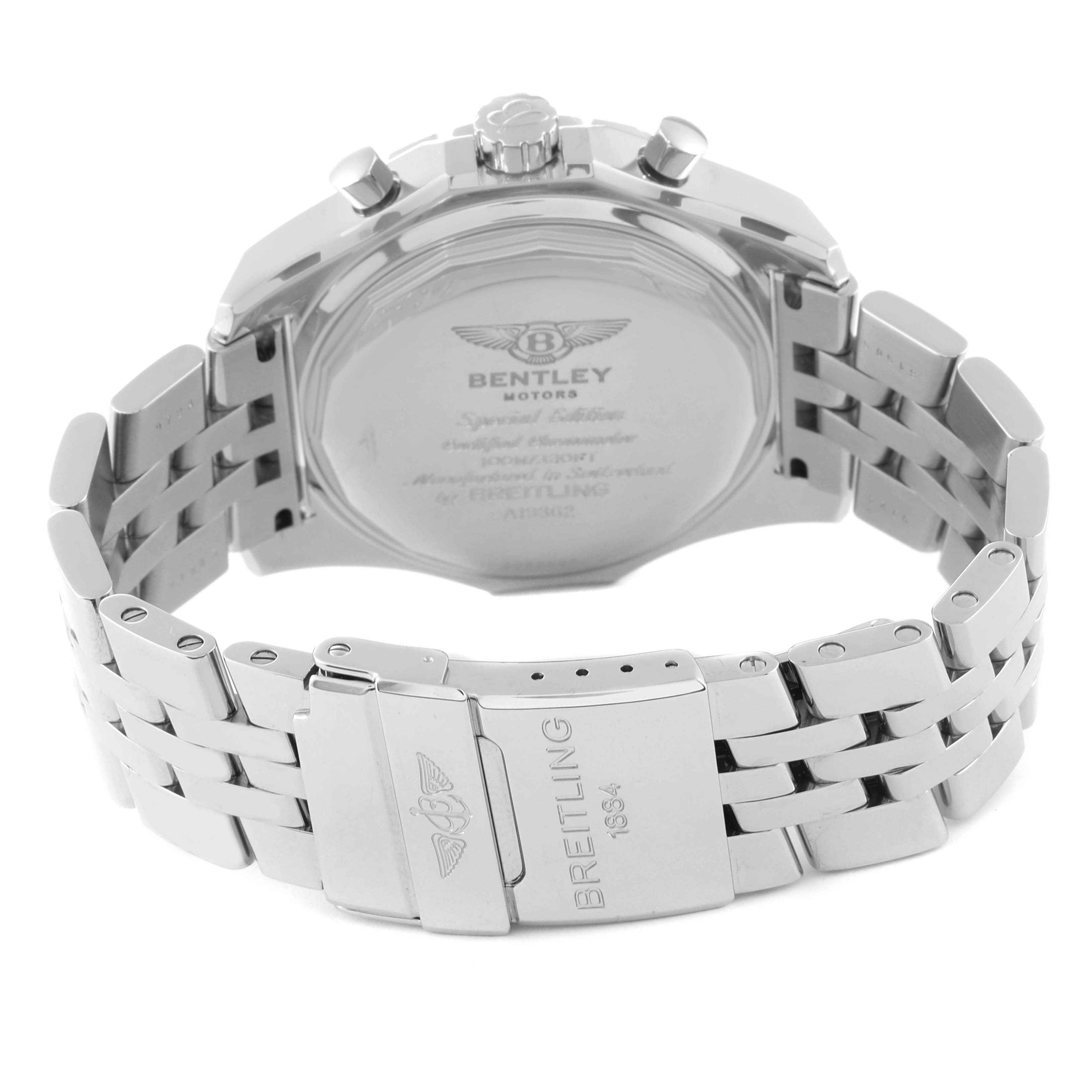 The image shows the back case and bracelet of the Breitling Bentley A13362 Men's Stainless Steel Red Dial A13362 Men's Stainless Steel Red Dial watch from a rear angle.