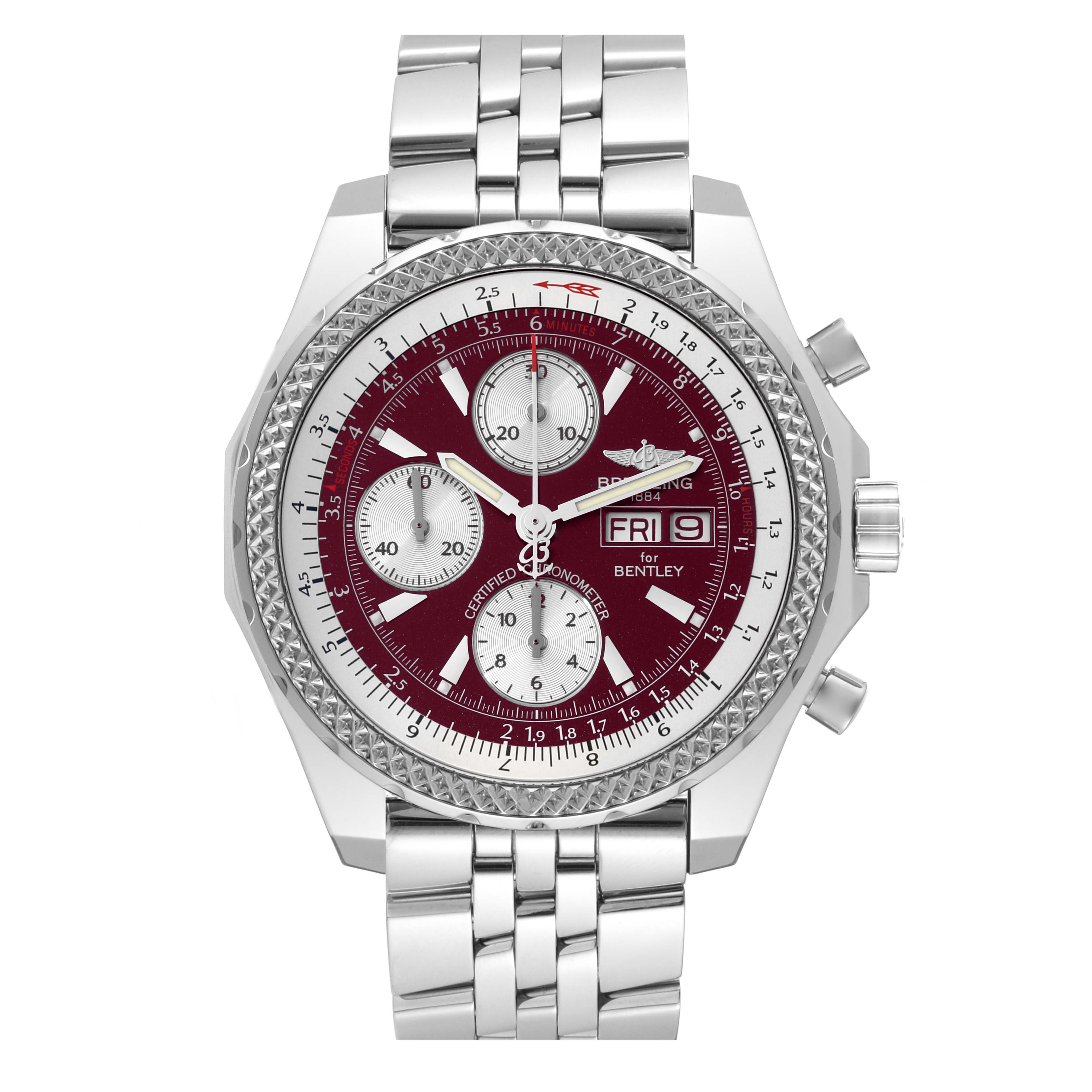 This image shows a front view of a Breitling Bentley A13362 Men's Stainless Steel Red Dial A13362 Men's Stainless Steel Red Dial model watch, highlighting its burgundy dial, chronograph subdials, and date display.