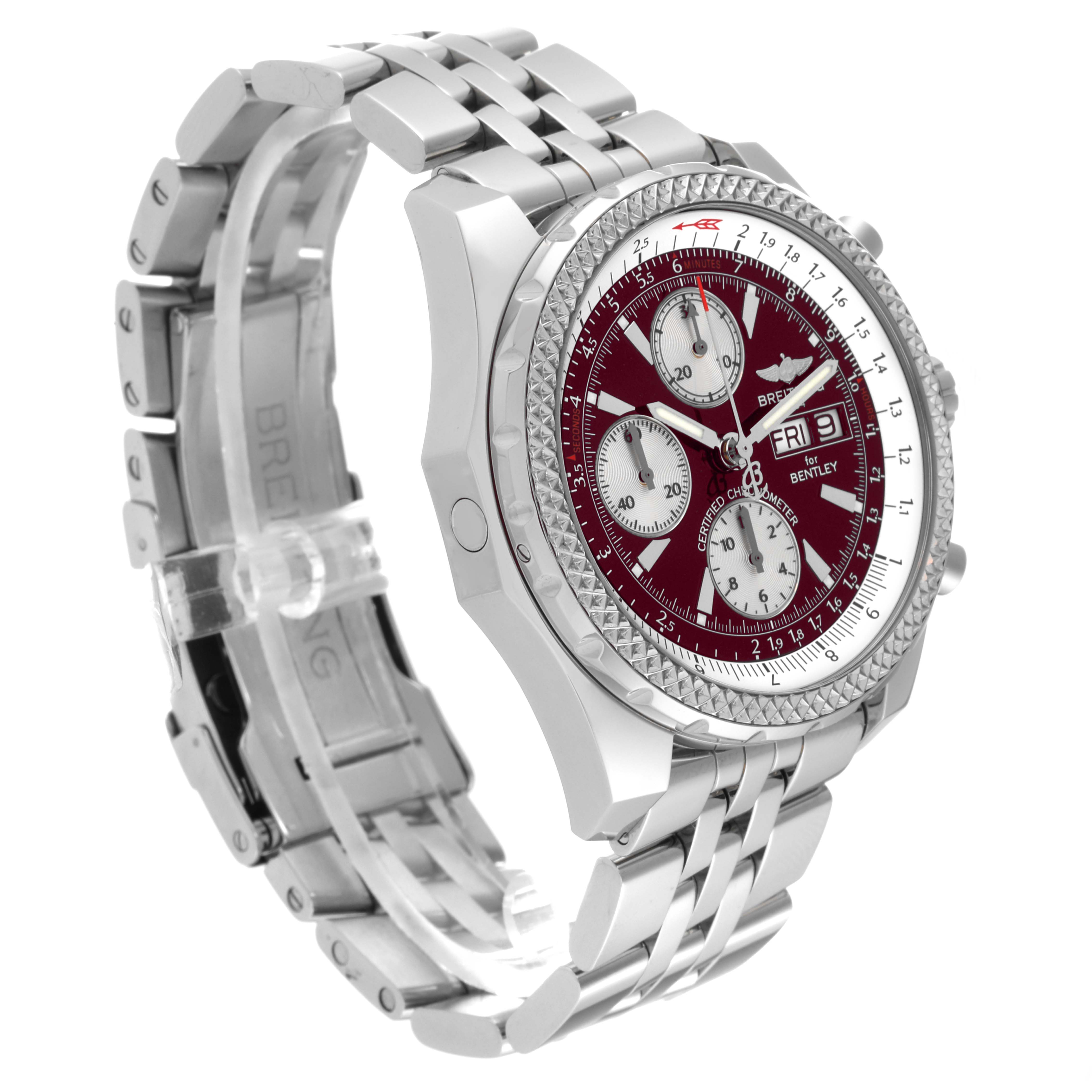 This image shows a Breitling Bentley A13362 Men's Stainless Steel Red Dial A13362 Men's Stainless Steel Red Dial model watch at an angled side view, highlighting its strap, bezel, and dial.