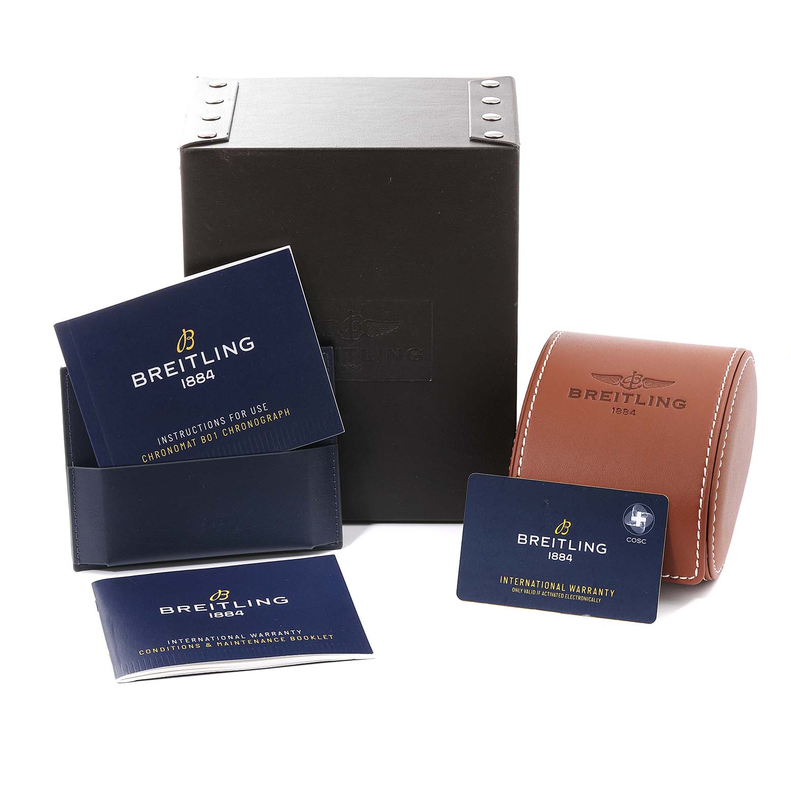 The image shows a box, booklet, warranty card, and leather case for the Breitling Chronomat UB0134 Men's Steel and Gold (two tone) Grey Dial UB0134 Men's Steel and Gold (two tone) Grey Dial watch.