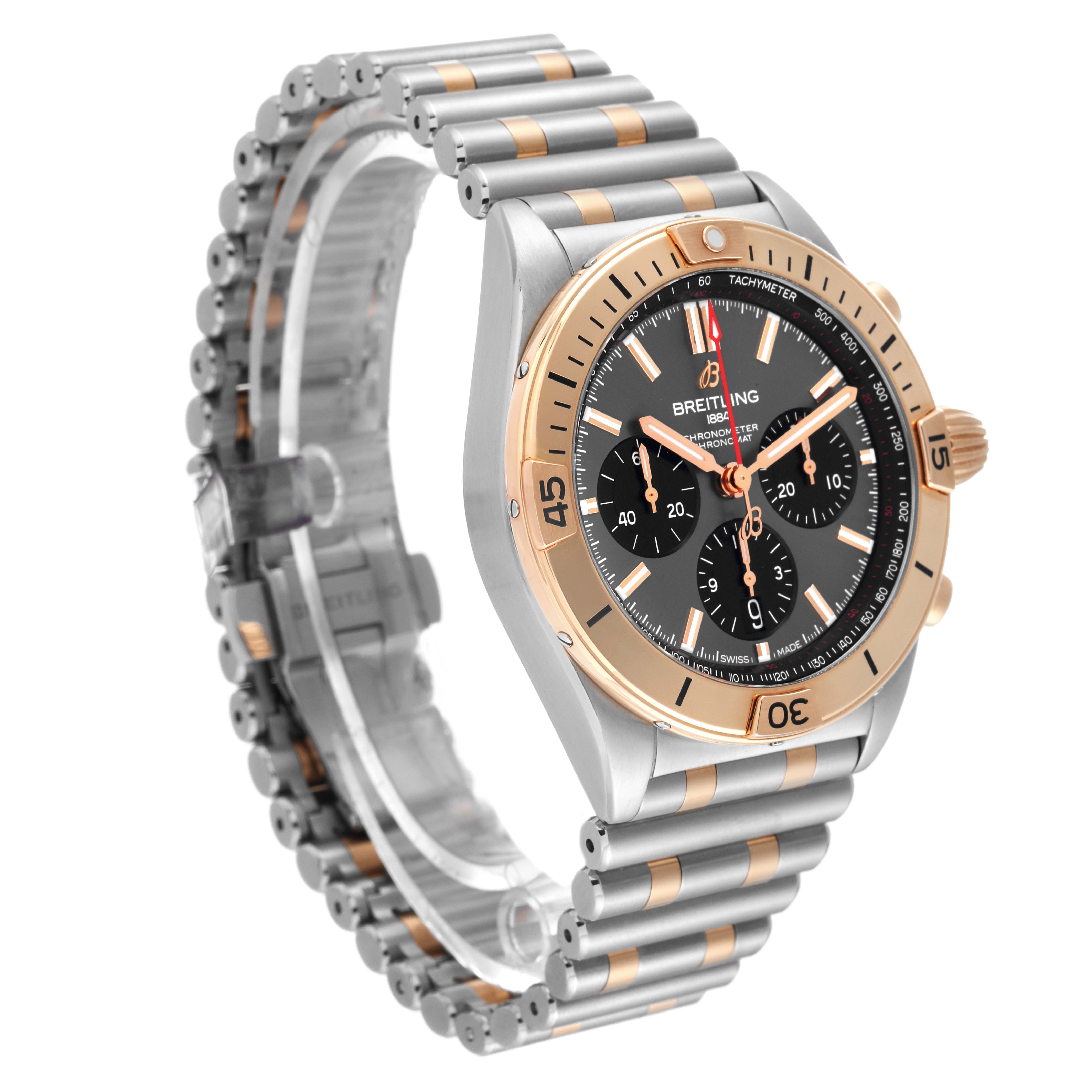 The Breitling Chronomat UB0134 Men's Steel and Gold (two tone) Grey Dial UB0134 Men's Steel and Gold (two tone) Grey Dial watch is shown at a three-quarter angle displaying the face, bezel, and a portion of the bracelet.