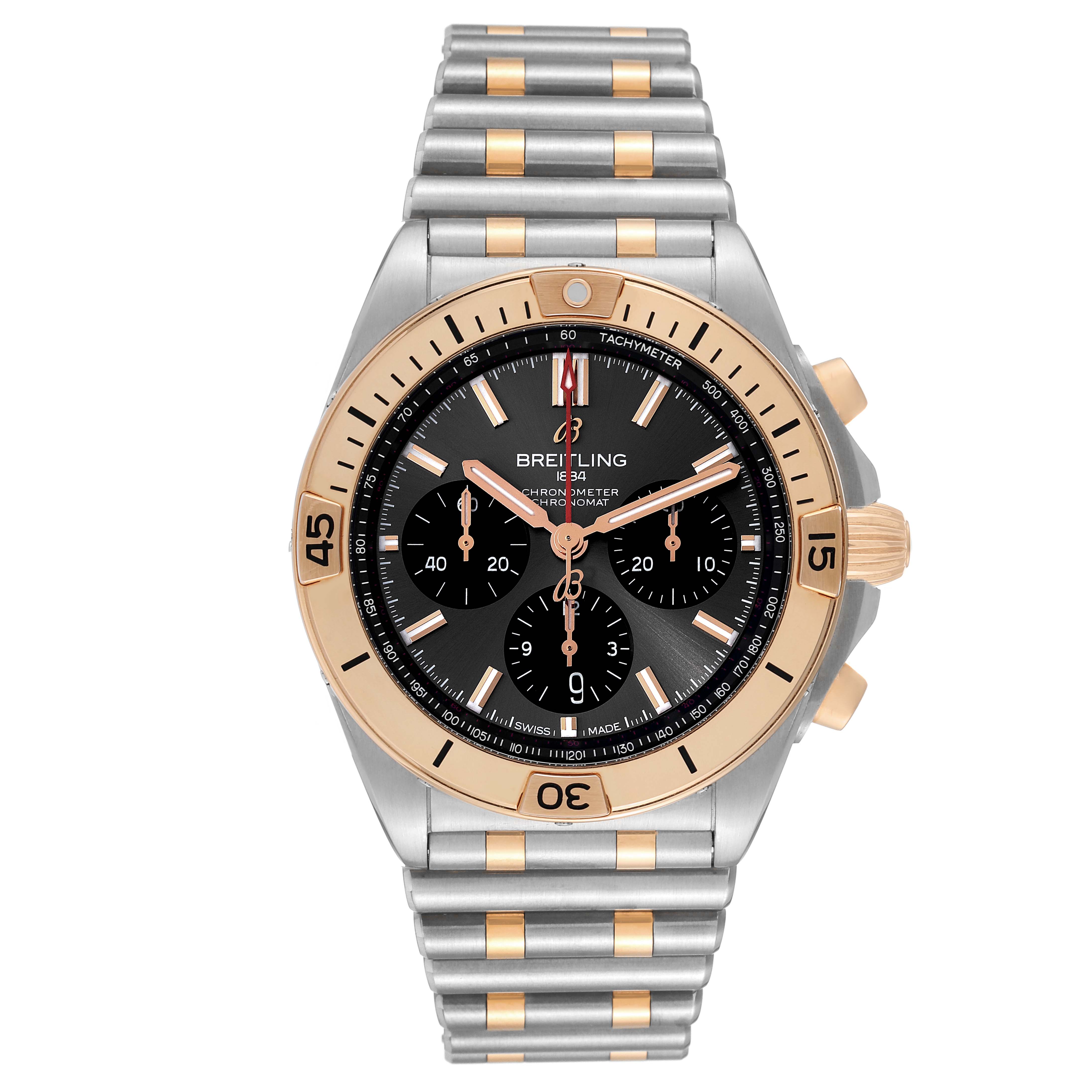 This image shows a front view of the Breitling Chronomat UB0134 Men's Steel and Gold (two tone) Grey Dial UB0134 Men's Steel and Gold (two tone) Grey Dial watch, highlighting its dial, bezel, and bracelet.