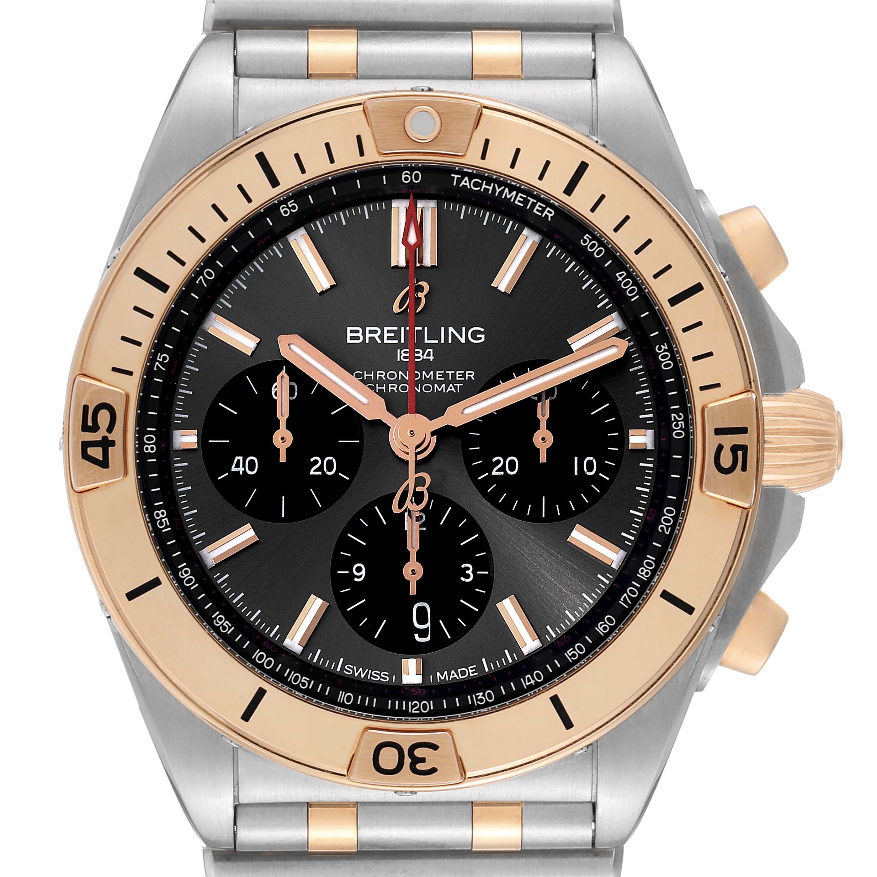 The Breitling Chronomat UB0134 Men's Steel and Gold (two tone) Grey Dial UB0134 Men's Steel and Gold (two tone) Grey Dial watch is shown from the front, detailing its dial, bezel, and part of the bracelet.