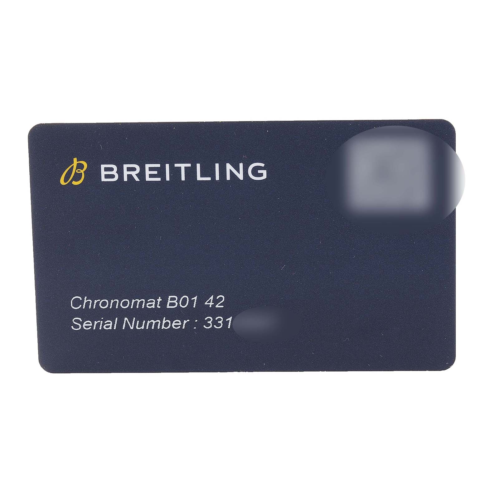 The image shows a warranty card for the Chronomat B01 42 watch by Breitling, displaying the model and partially obscured serial number.