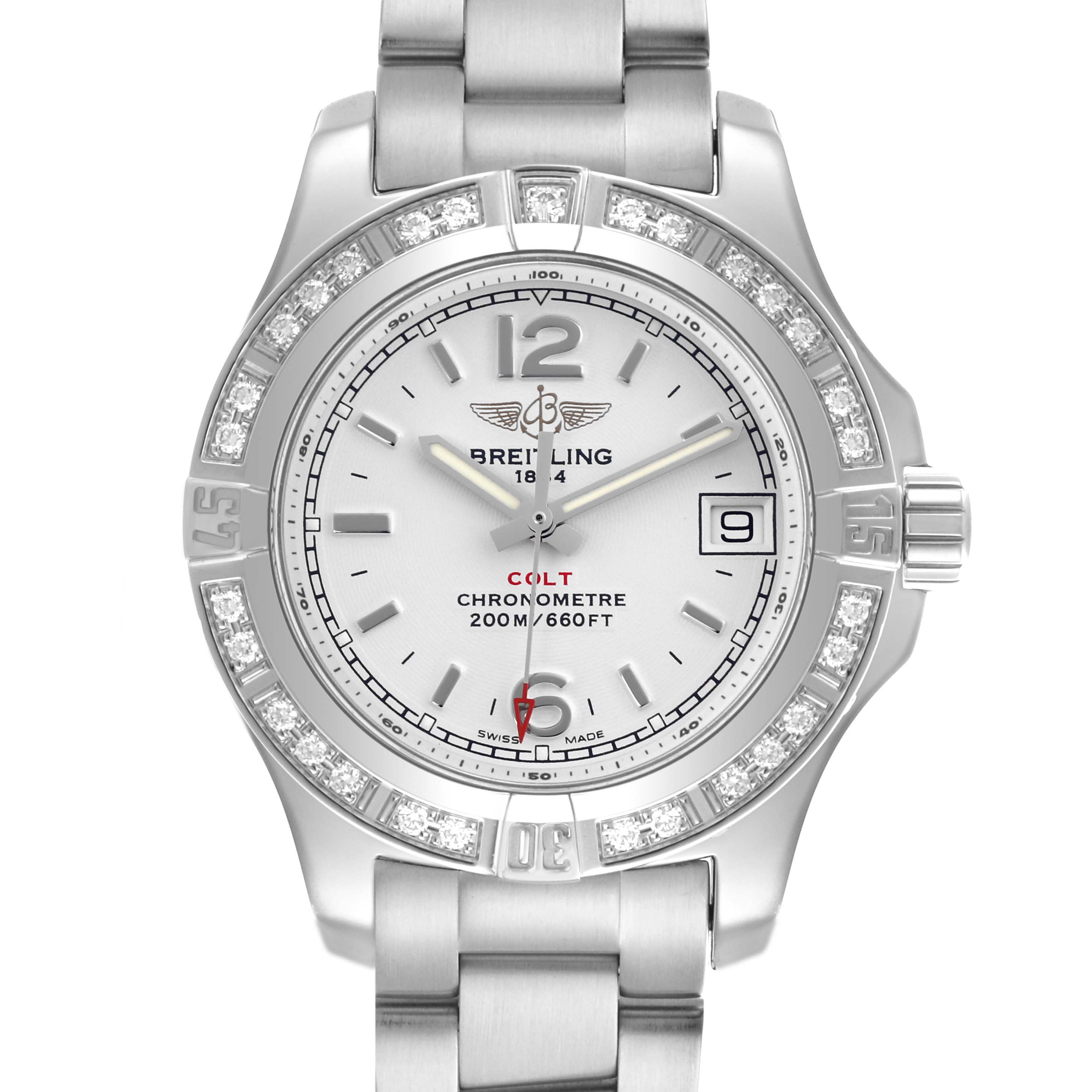 The image shows a frontal view of the Breitling A77388 Women's Stainless Steel Silver Dial A77388 Women's Stainless Steel Silver Dial Colt Lady Silver Dial Diamond Bezel Steel Ladies Watch A77388, highlighting its bezel and dial.