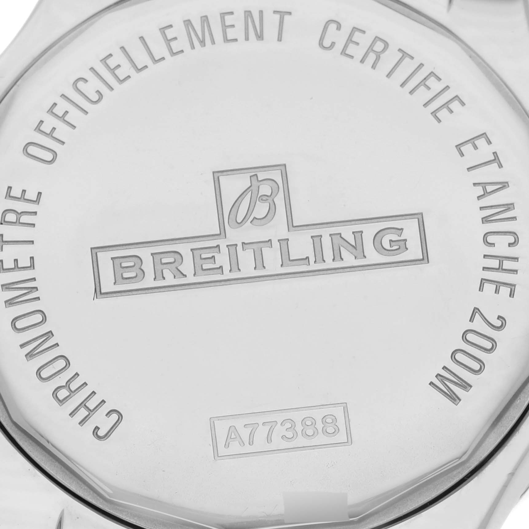 The image shows the back case of the Breitling A77388 Women's Stainless Steel Silver Dial A77388 Women's Stainless Steel Silver Dial Colt Lady A77388 watch, featuring engraved branding and model details.
