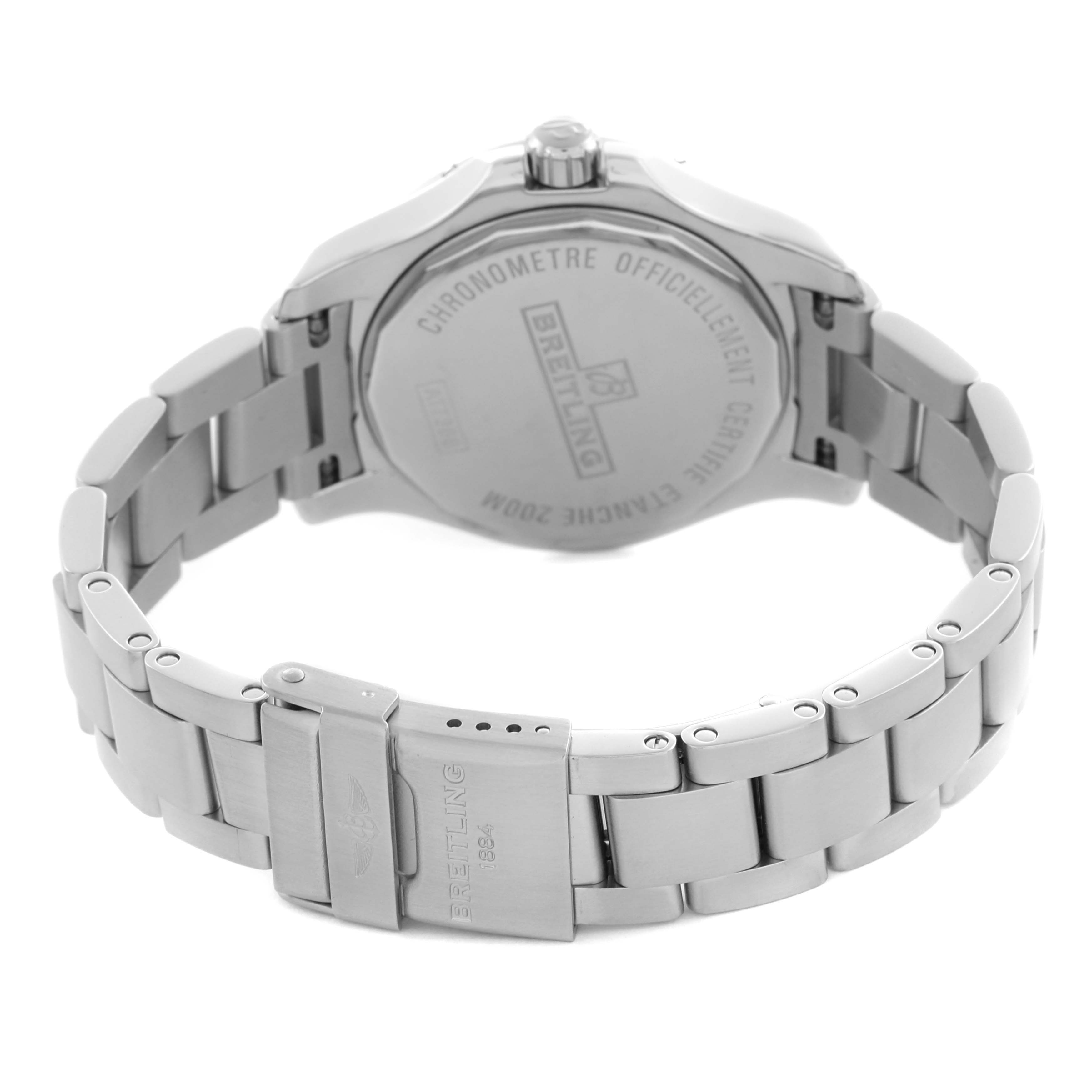 The image shows the back view of a Breitling A77388 Women's Stainless Steel Silver Dial A77388 Women's Stainless Steel Silver Dial Colt Lady A77388 watch, highlighting the case back and bracelet clasp.