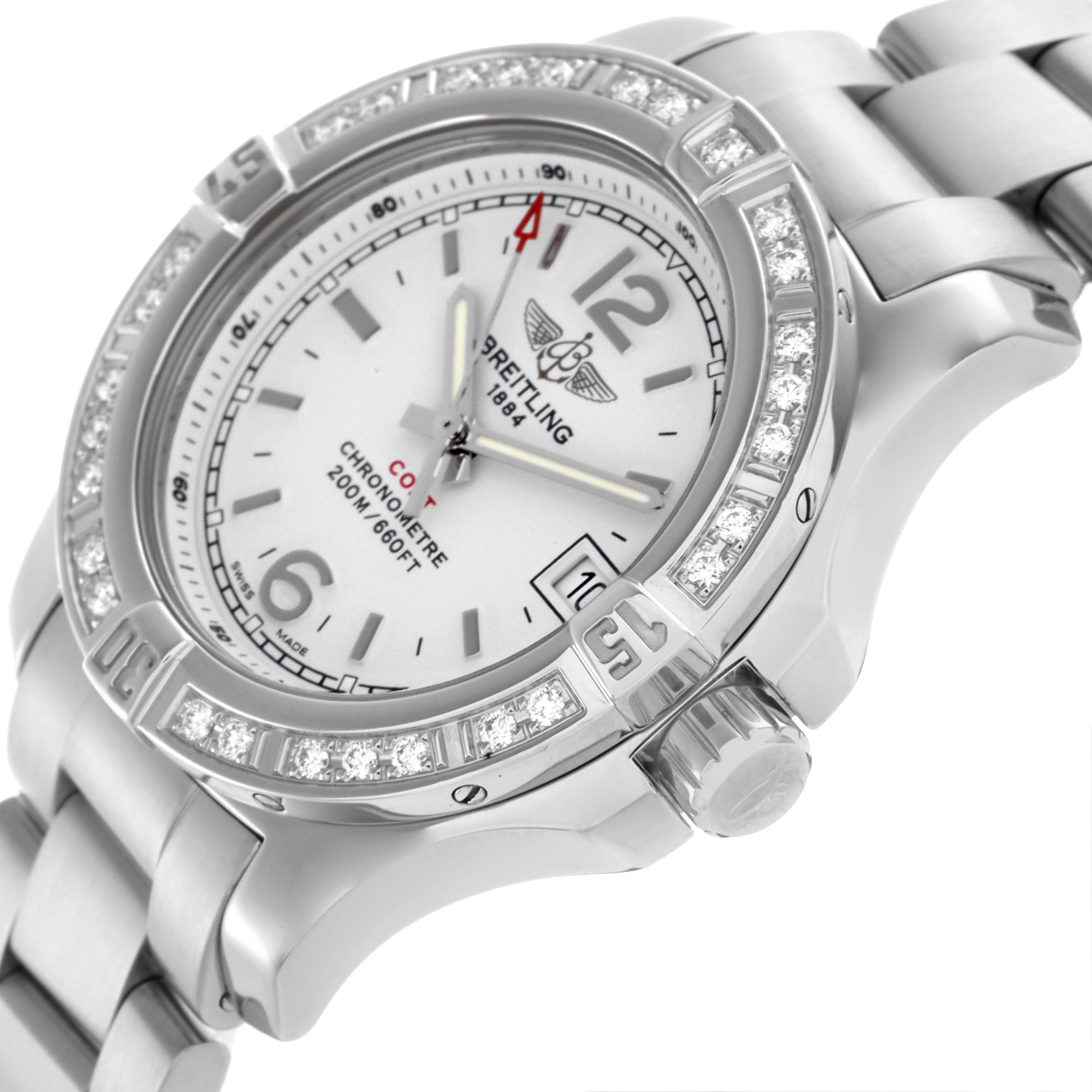 The Breitling A77388 Women's Stainless Steel Silver Dial A77388 Women's Stainless Steel Silver Dial Colt Lady A77388 watch is shown at an angle highlighting the dial, diamond bezel, and part of the bracelet.