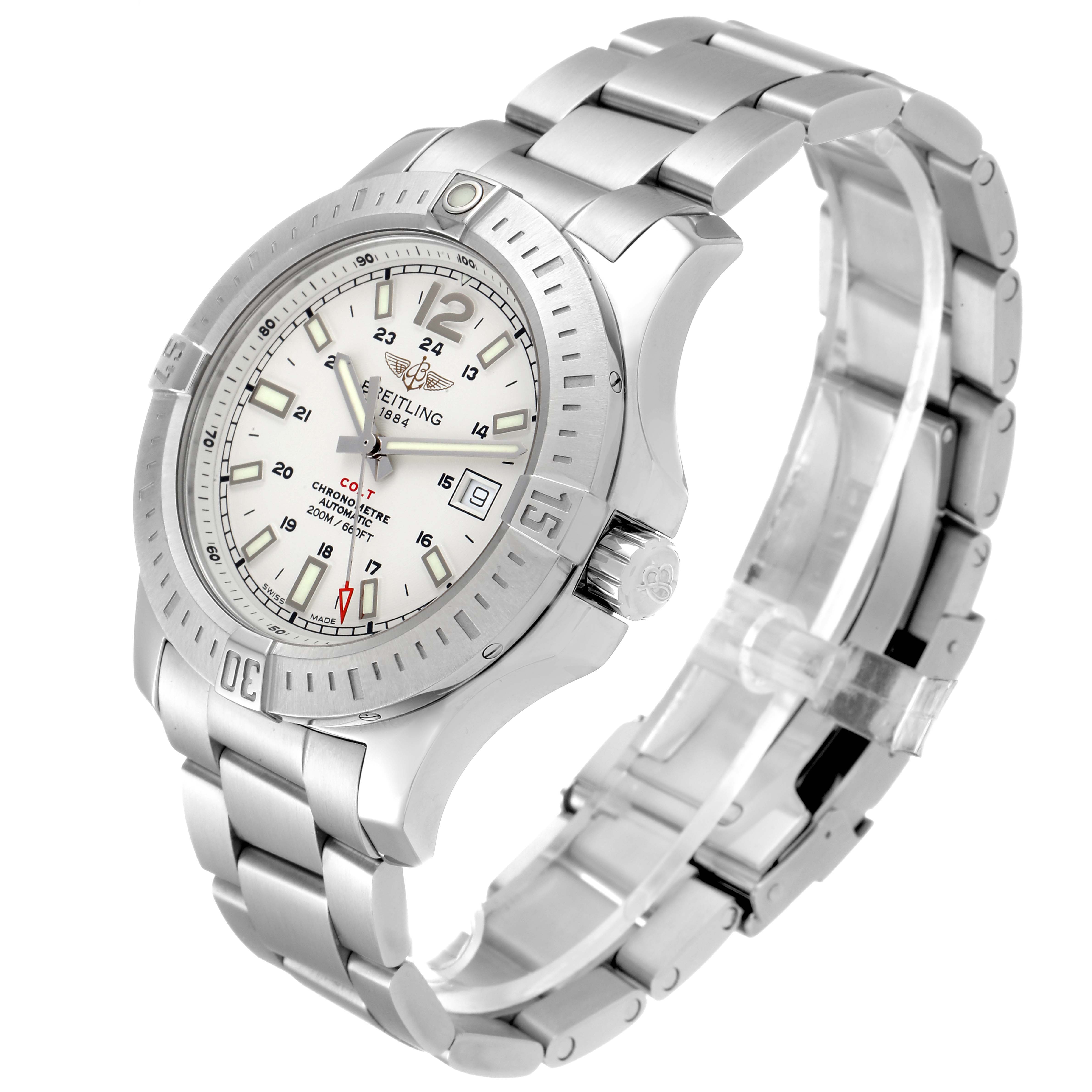 This Breitling Colt A17388 Men
s Stainless Steel White Dial A17388 Men
s Stainless Steel White Dial watch is viewed at an angle showing the face, bezel, crown, and part of the metal bracelet.