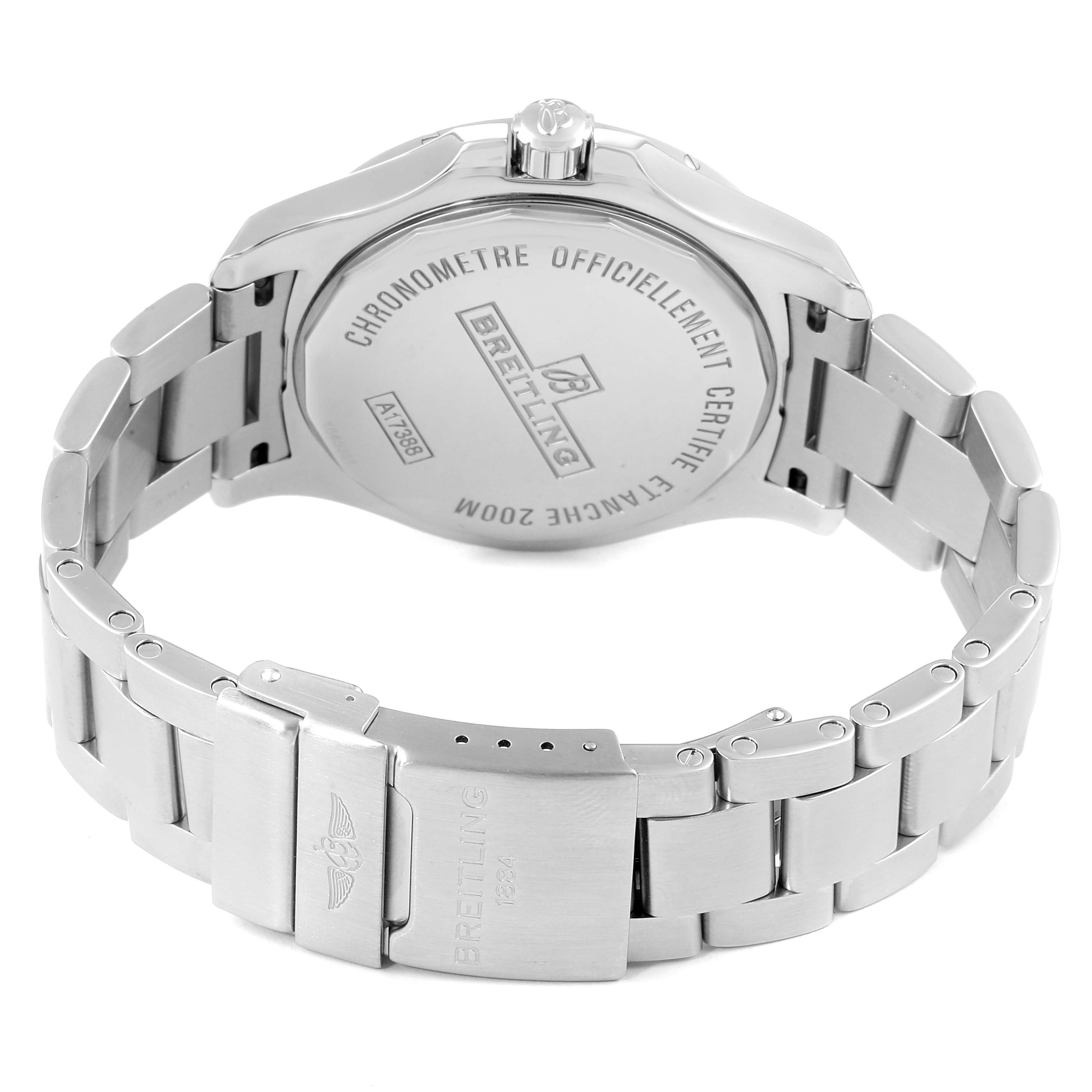 The angle shows the back case and metal bracelet of the Breitling Colt A17388 Men
s Stainless Steel White Dial A17388 Men
s Stainless Steel White Dial watch.