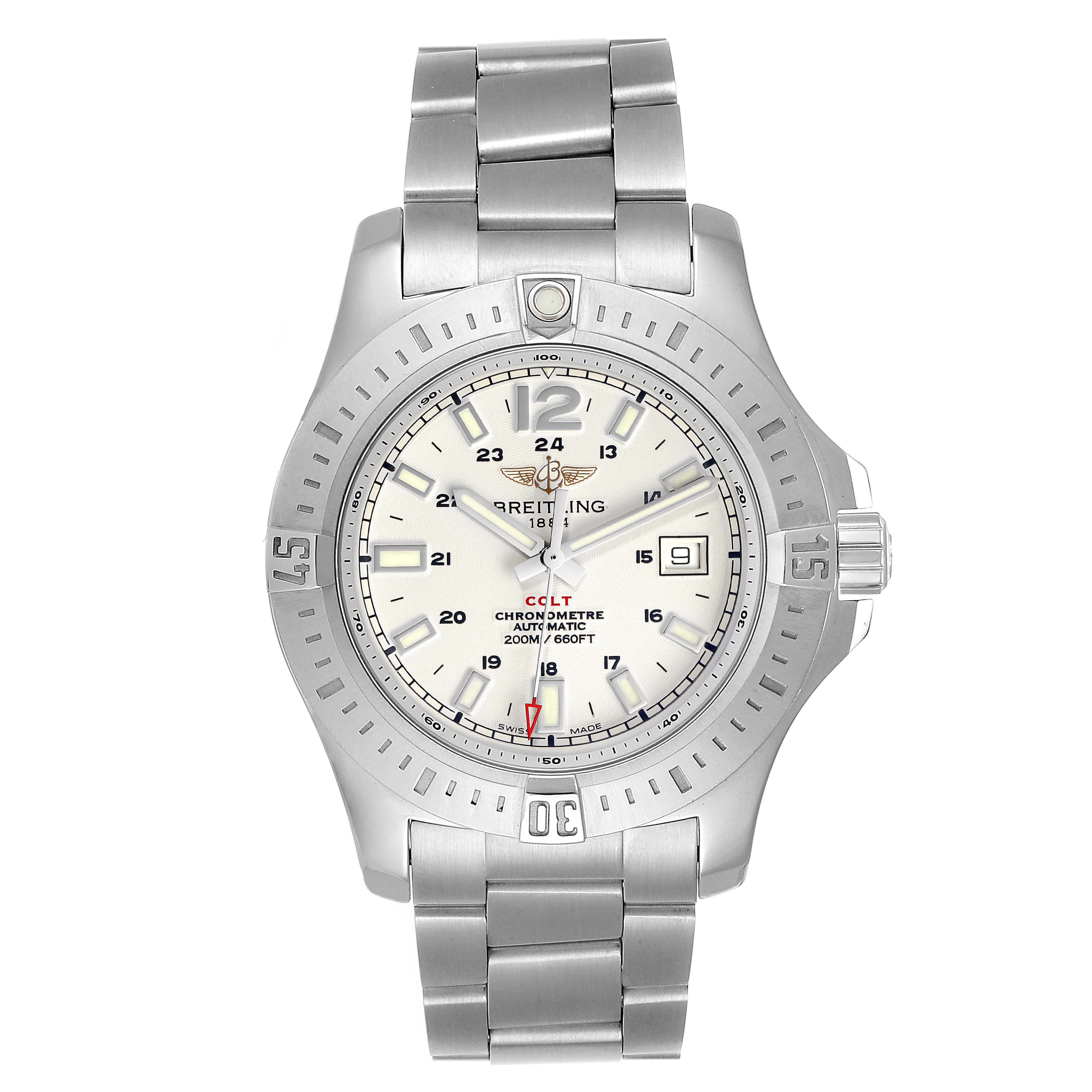 The Breitling Colt A17388 Men
s Stainless Steel White Dial A17388 Men
s Stainless Steel White Dial watch is shown from a top-down angle, displaying the face, bezel, and stainless steel bracelet.