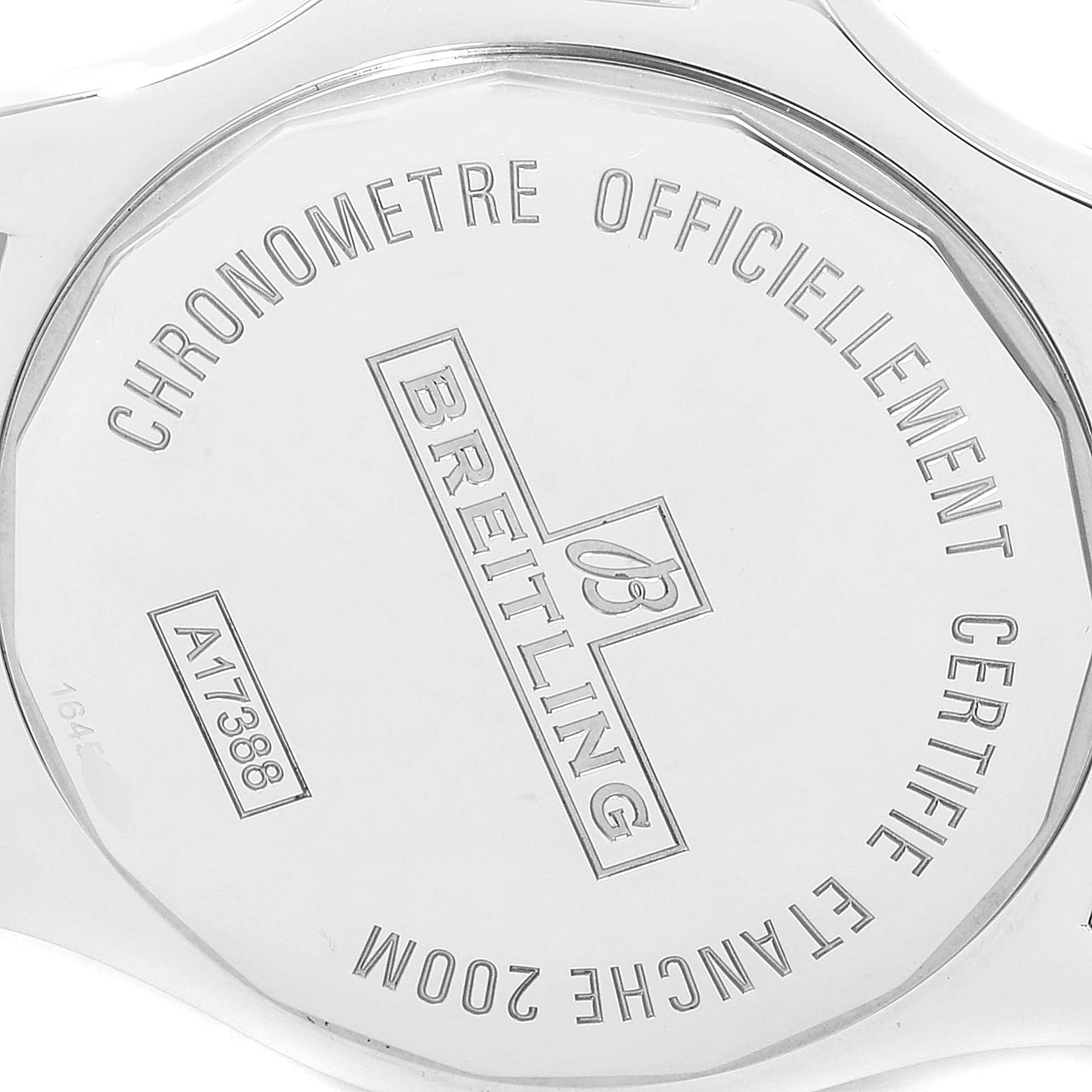 This image shows the back case of a Breitling Colt A17388 Men
s Stainless Steel White Dial A17388 Men
s Stainless Steel White Dial watch, highlighting details like the brand, model, and certification engravings.