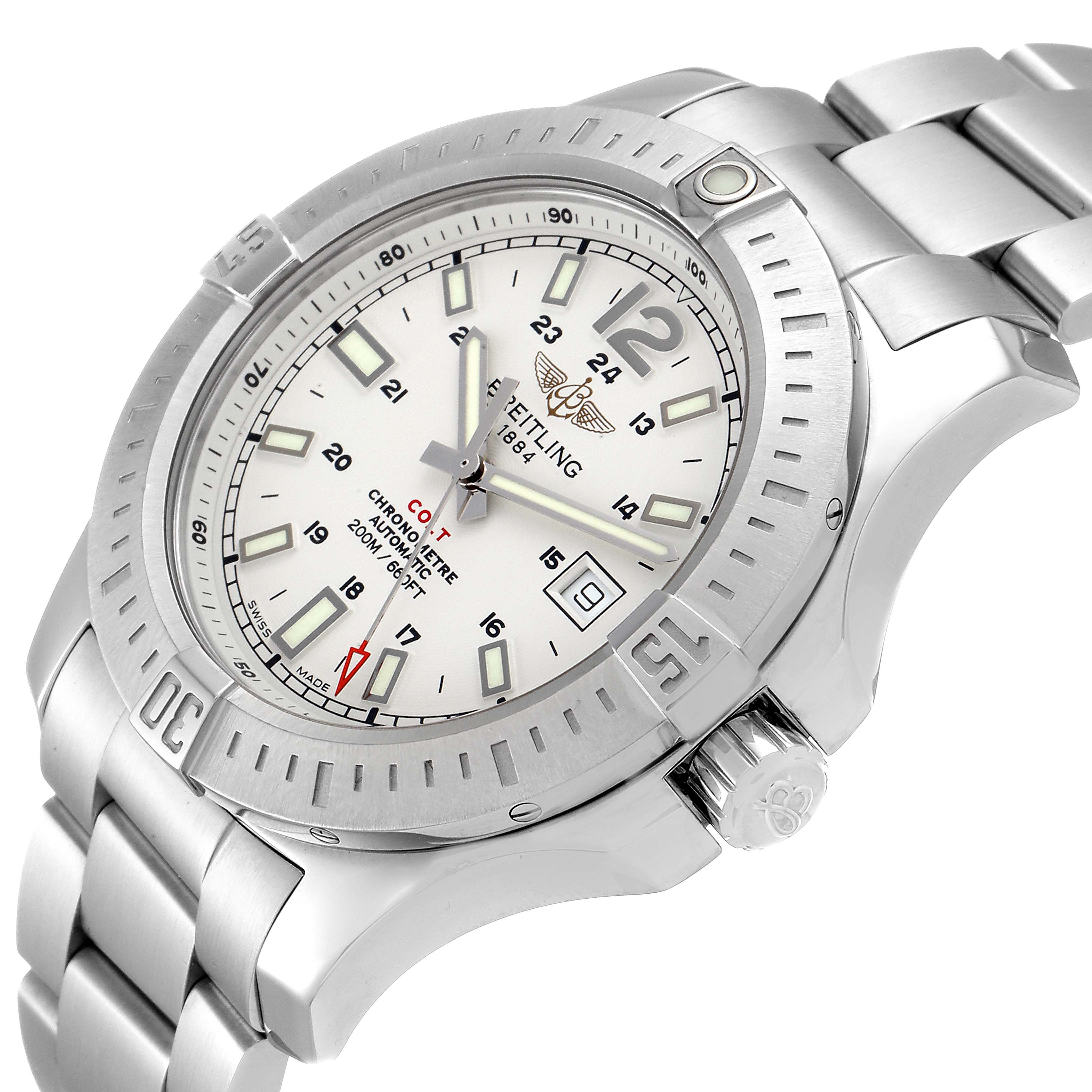 The Breitling Colt A17388 Men
s Stainless Steel White Dial A17388 Men
s Stainless Steel White Dial watch is shown from an angled side view, displaying its face, bezel, crown, and part of the stainless steel bracelet.