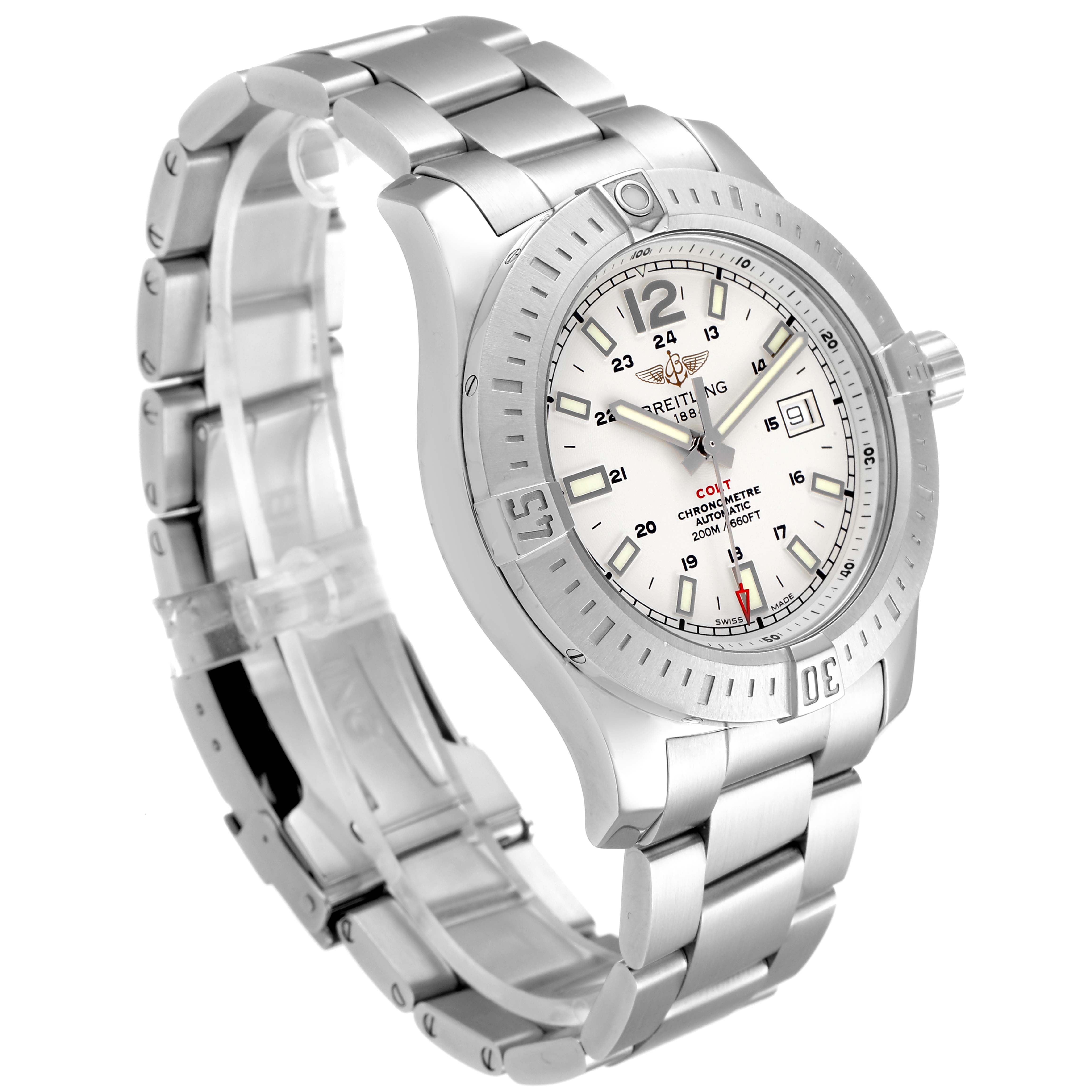 The Breitling Colt A17388 Men
s Stainless Steel White Dial A17388 Men
s Stainless Steel White Dial watch is shown from a side angle, highlighting its stainless steel bezel, dial, and bracelet.