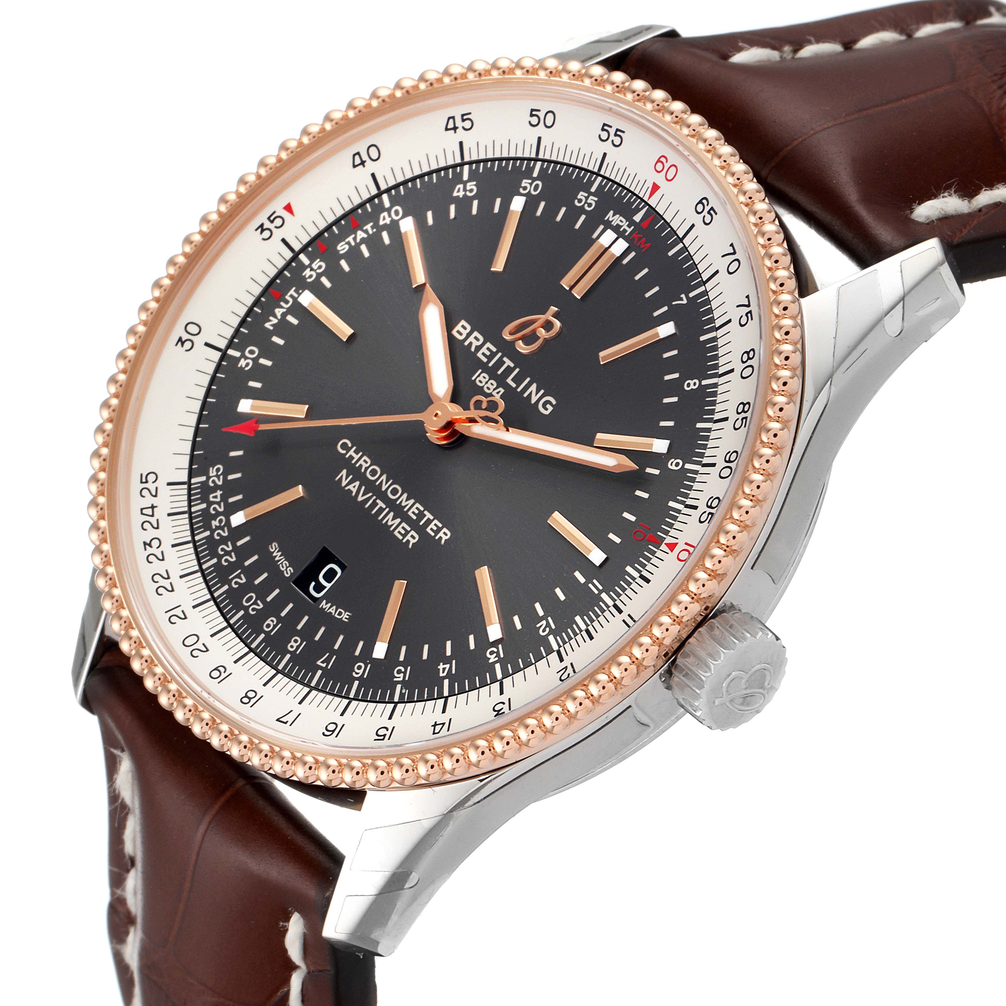 The Breitling Navitimer U17326211M1P1 Men's Steel and Gold (two tone) Grey Dial U17326211M1P1 Men's Steel and Gold (two tone) Grey Dial watch is shown at an angled view, highlighting the rose gold bezel, black dial, and brown leather strap.