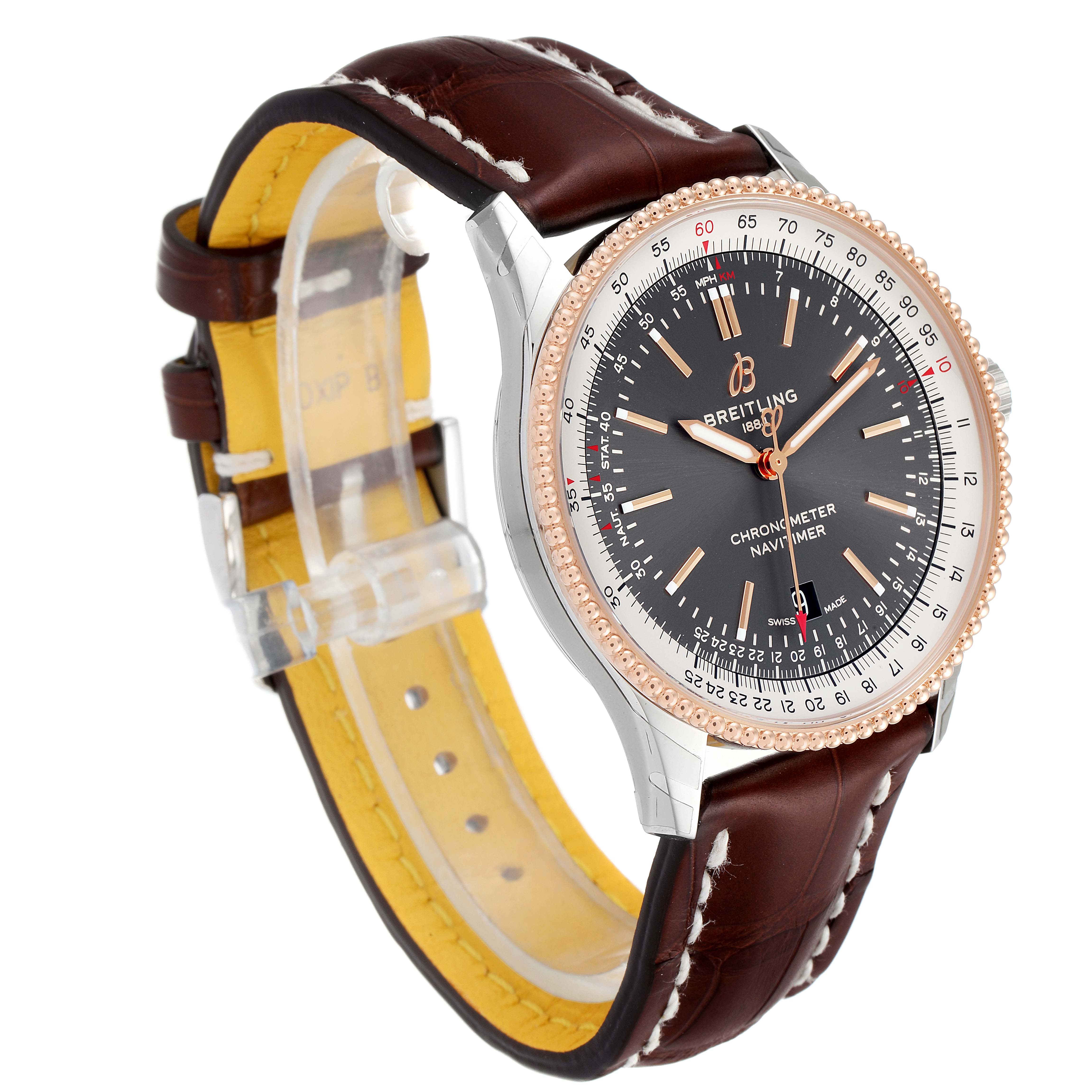 The image shows a Breitling Navitimer U17326211M1P1 Men's Steel and Gold (two tone) Grey Dial U17326211M1P1 Men's Steel and Gold (two tone) Grey Dial watch at a three-quarter angle with a brown leather strap and a detailed face.