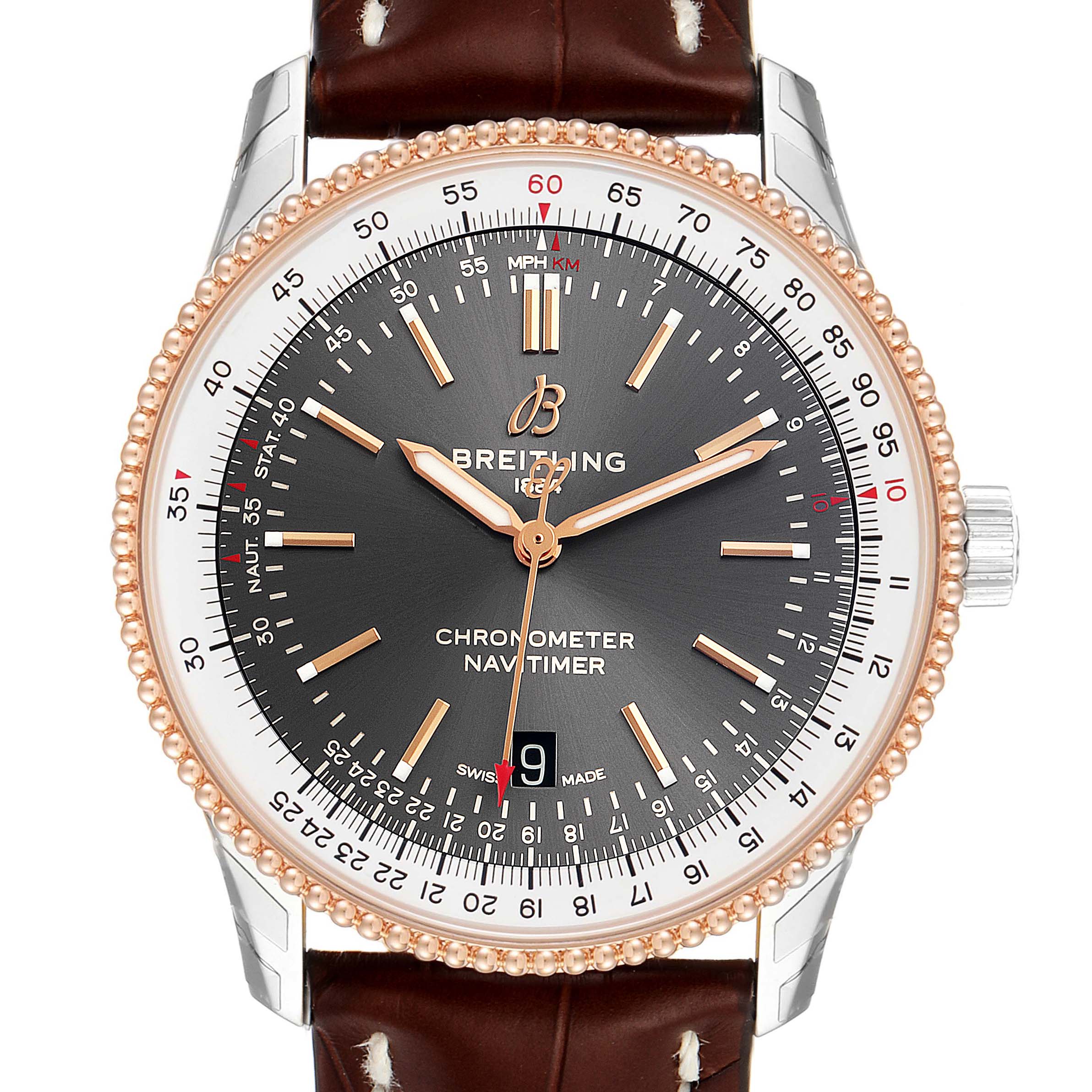 The image shows a front view of a Breitling Navitimer U17326211M1P1 Men's Steel and Gold (two tone) Grey Dial U17326211M1P1 Men's Steel and Gold (two tone) Grey Dial watch, displaying the dial, bezel, crown, and leather strap.