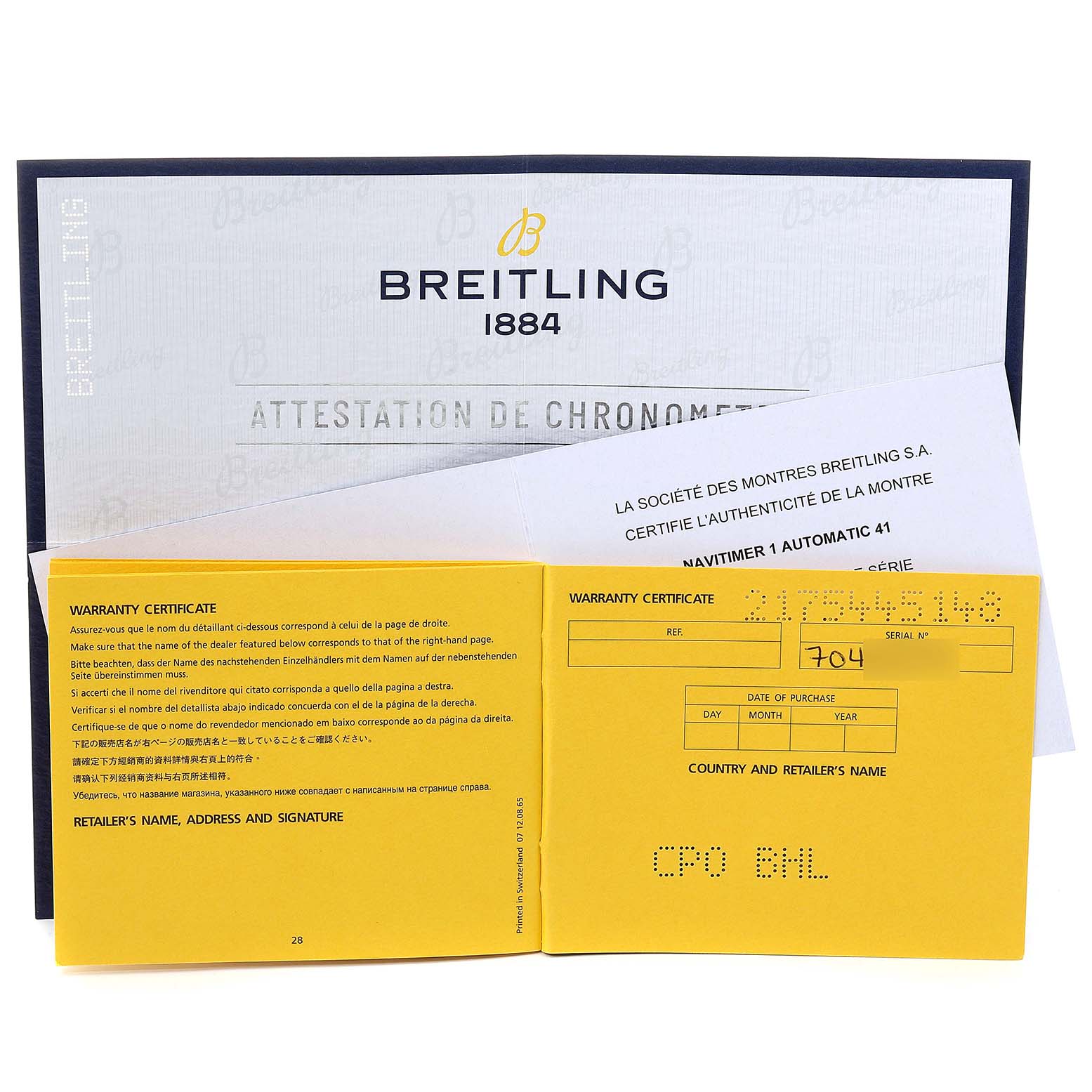 The image shows warranty certificates and a certificate of authenticity for the Breitling Navitimer U17326211M1P1 Men's Steel and Gold (two tone) Grey Dial U17326211M1P1 Men's Steel and Gold (two tone) Grey Dial watch model.