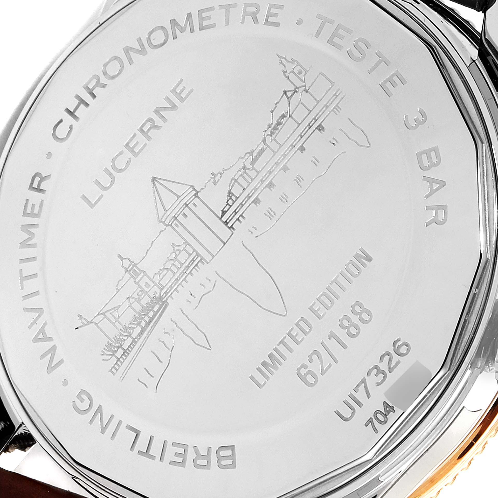 The image shows the engraved back case of a Breitling Navitimer U17326211M1P1 Men's Steel and Gold (two tone) Grey Dial U17326211M1P1 Men's Steel and Gold (two tone) Grey Dial watch featuring the Lucerne landmark and limited edition details.