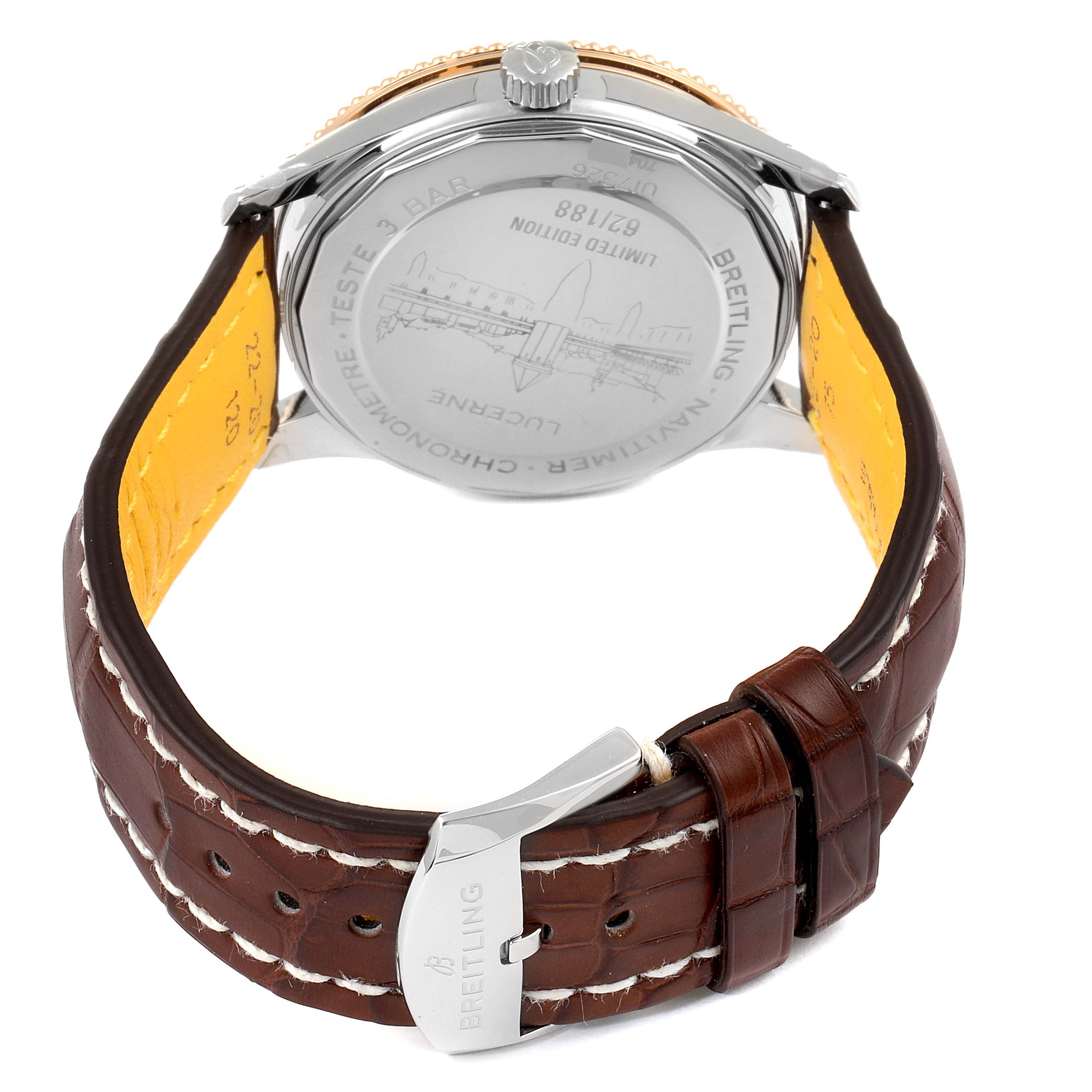 The image shows the back and clasp of a Breitling Navitimer U17326211M1P1 Men's Steel and Gold (two tone) Grey Dial U17326211M1P1 Men's Steel and Gold (two tone) Grey Dial watch, highlighting the case back and brown leather strap.