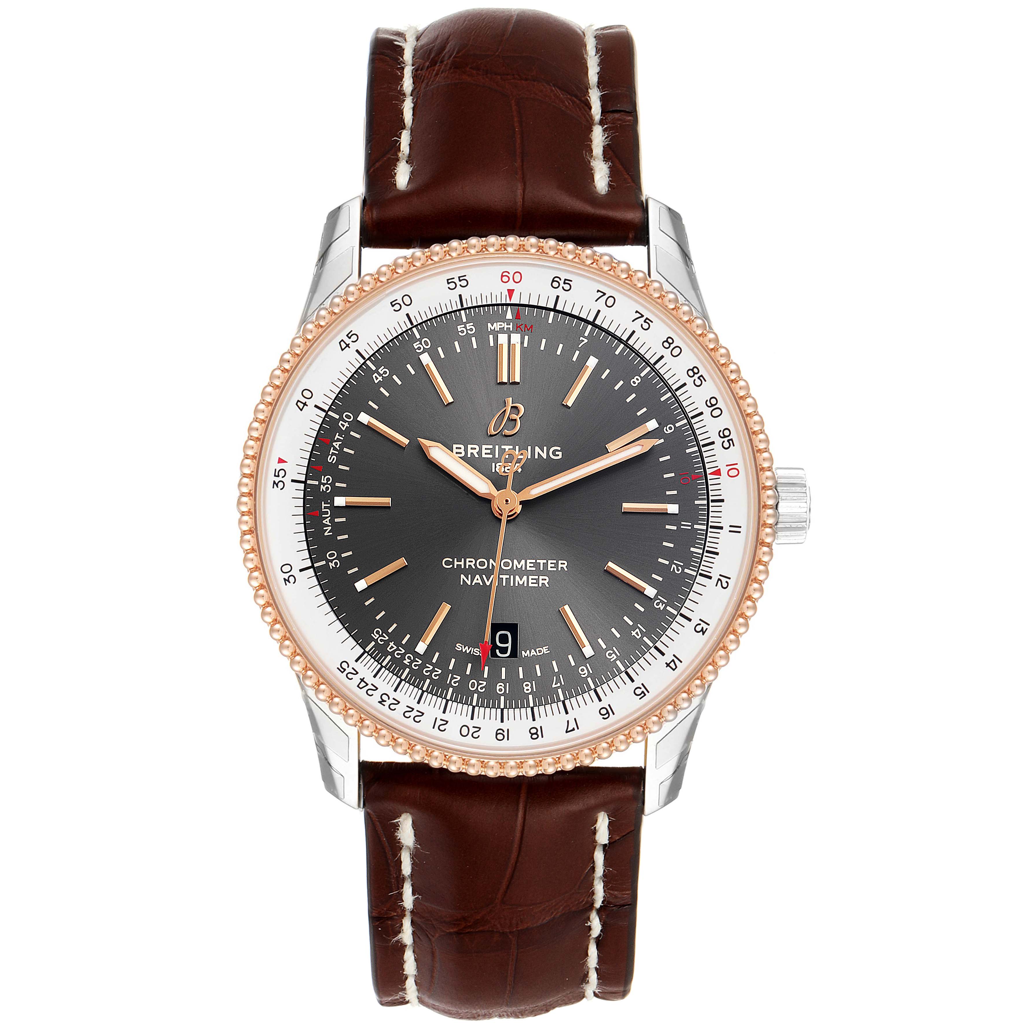 This Breitling Navitimer U17326211M1P1 Men's Steel and Gold (two tone) Grey Dial U17326211M1P1 Men's Steel and Gold (two tone) Grey Dial watch is shown from the front, highlighting its dial, bezel, case, and leather strap.
