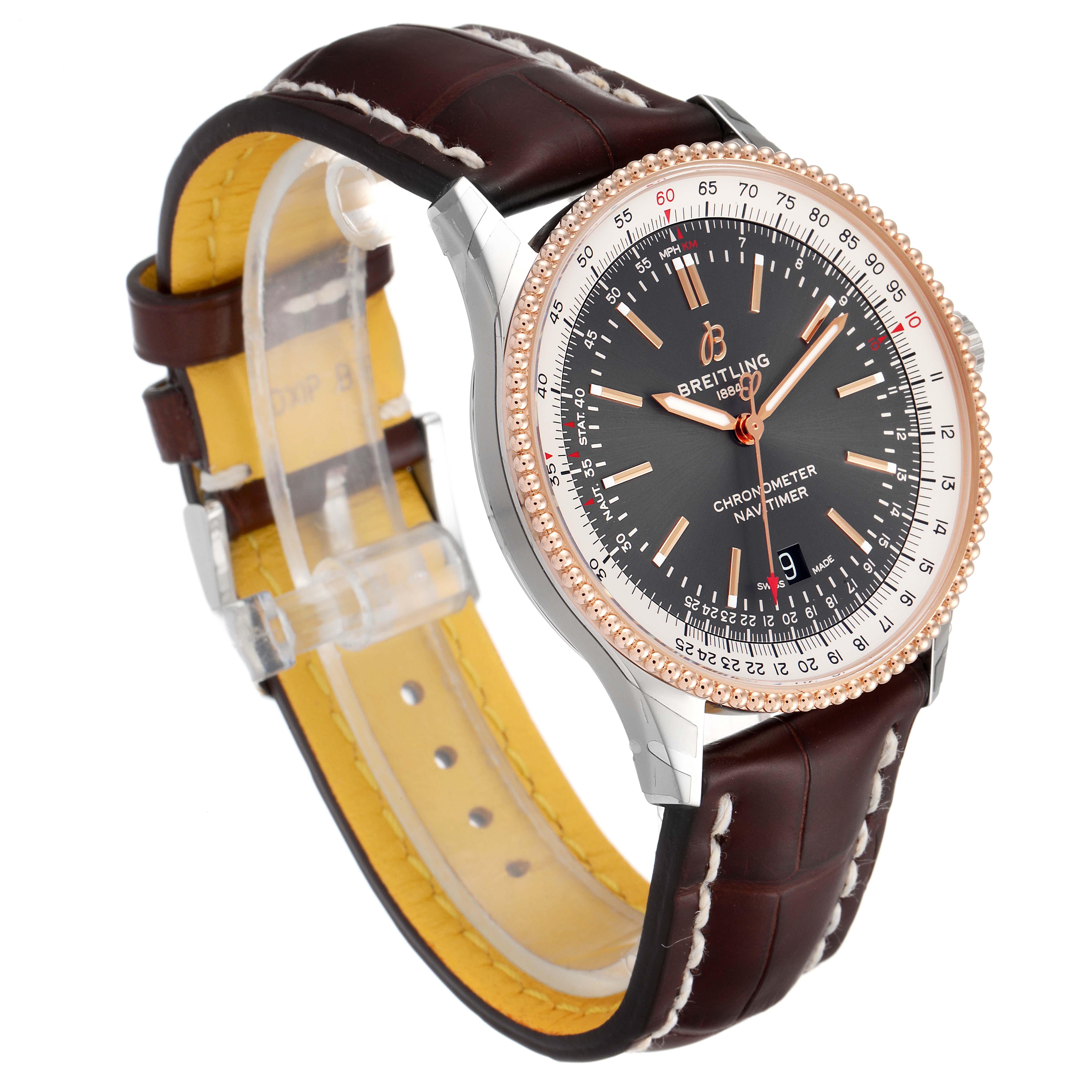 The Breitling Navitimer U17326211M1P1 Men
s Stainless Steel Grey Dial U17326211M1P1 Men
s Stainless Steel Grey Dial watch is shown at a left-front angle, highlighting its face, bezel, and leather strap.