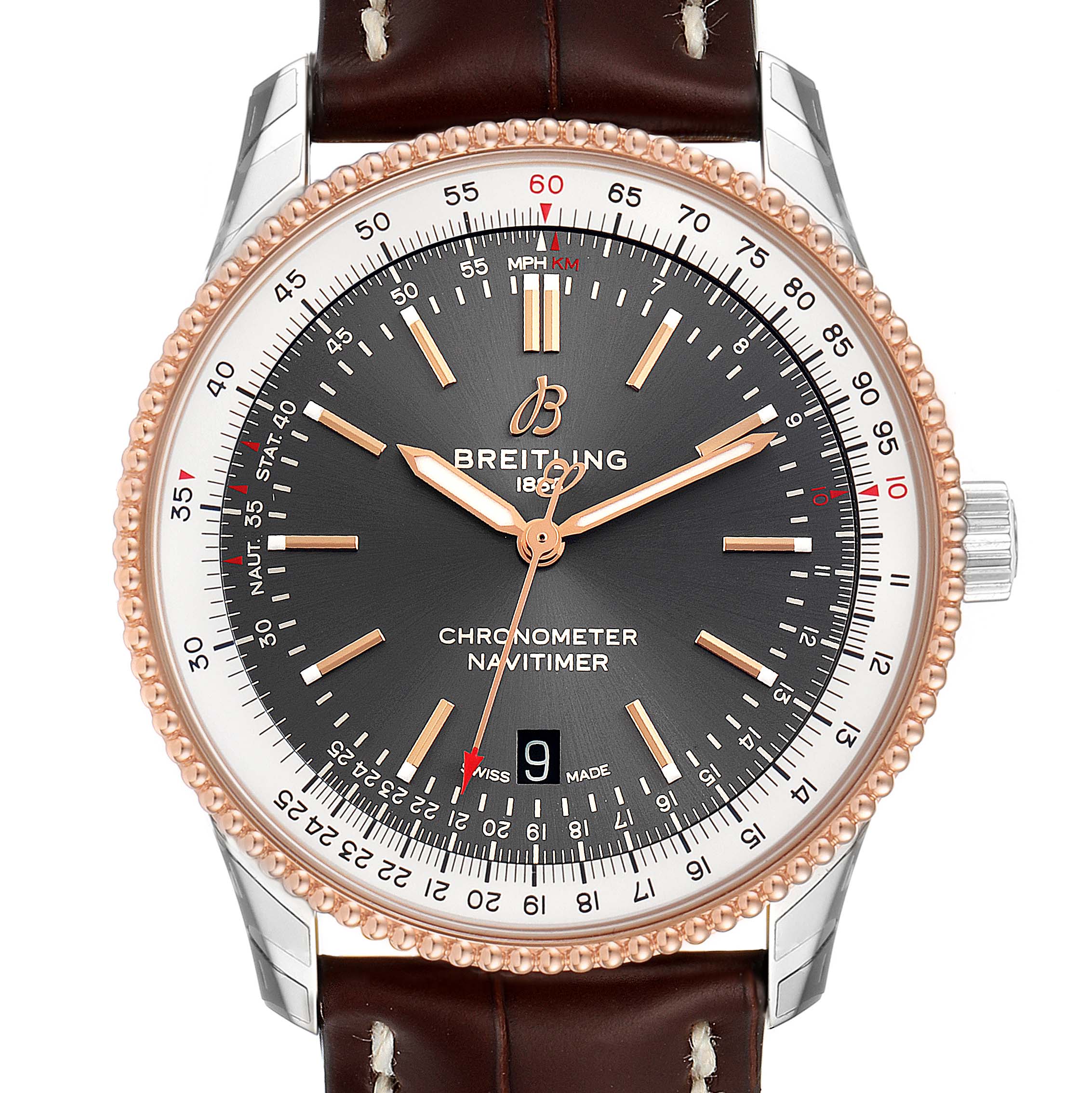 The Breitling Navitimer U17326211M1P1 Men
s Stainless Steel Grey Dial U17326211M1P1 Men
s Stainless Steel Grey Dial watch is shown from a top-down angle, highlighting its face, bezel, crown, and leather strap.