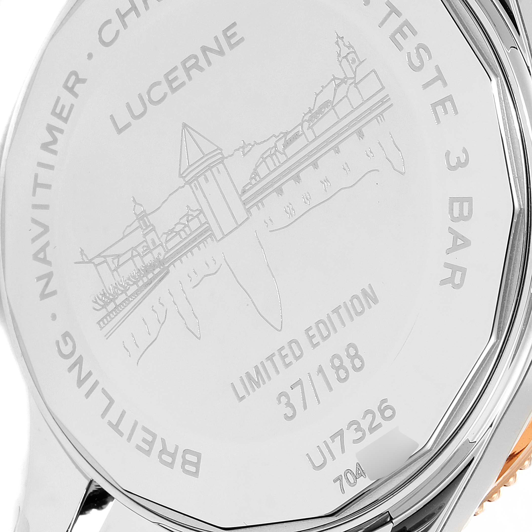 The image shows the engraved case back of a Breitling Navitimer U17326211M1P1 Men
s Stainless Steel Grey Dial U17326211M1P1 Men
s Stainless Steel Grey Dial watch, featuring its limited edition details and Lucerne etching.