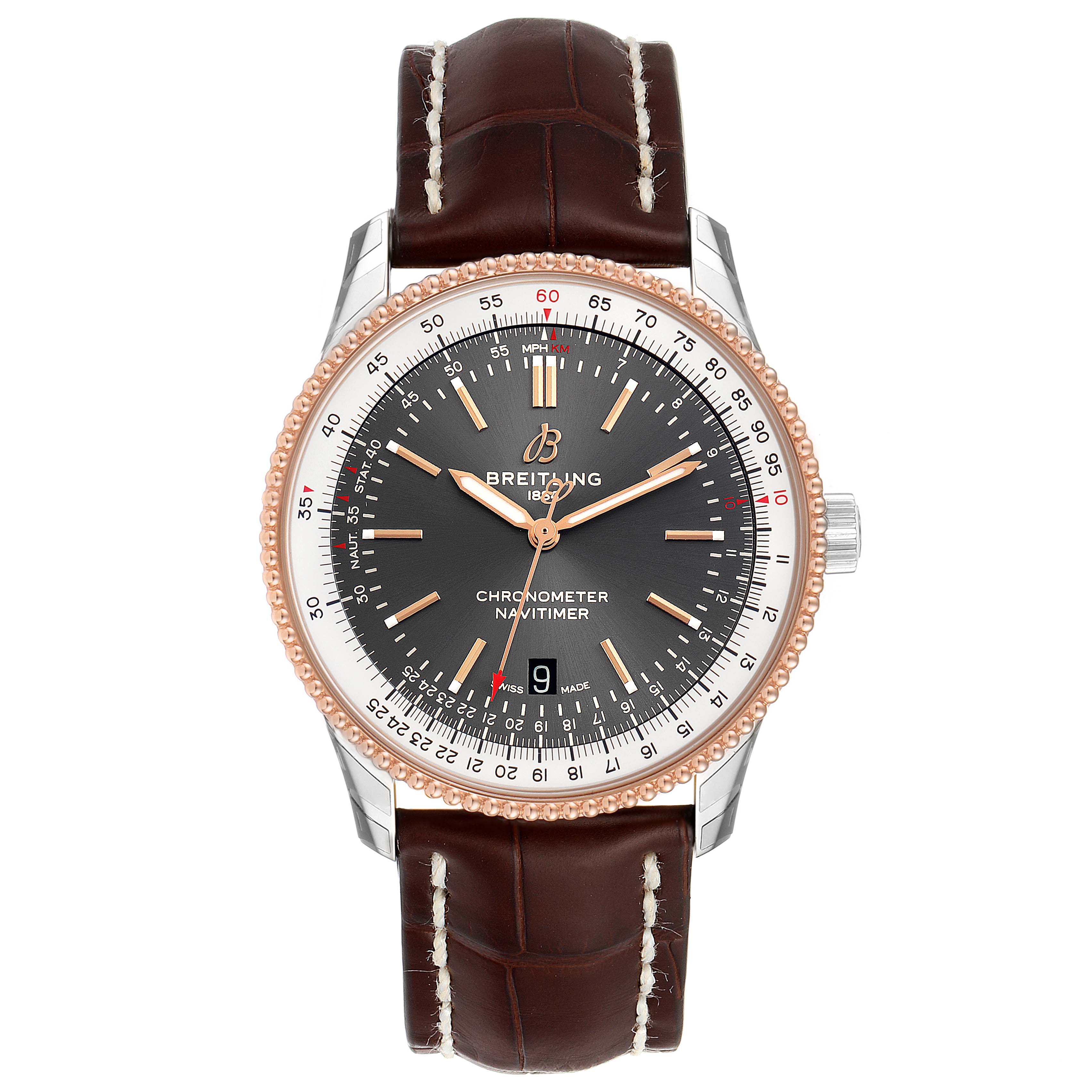 The Breitling Navitimer U17326211M1P1 Men
s Stainless Steel Grey Dial U17326211M1P1 Men
s Stainless Steel Grey Dial watch is shown from a front angle, displaying its face, bezel, and brown leather strap.