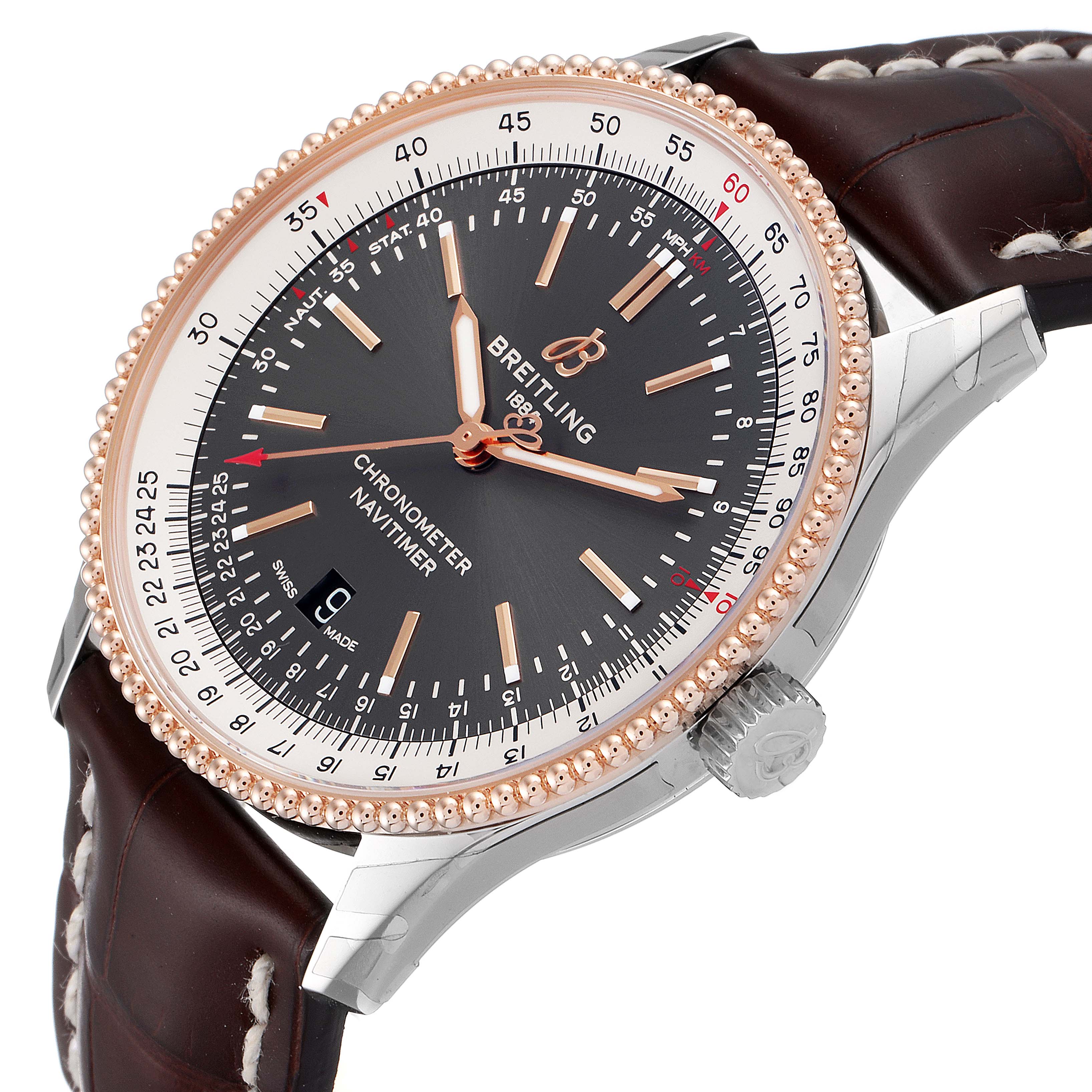 The image shows a close-up side angle of a Breitling Navitimer U17326211M1P1 Men
s Stainless Steel Grey Dial U17326211M1P1 Men
s Stainless Steel Grey Dial watch, highlighting the dial, bezel, crown, and leather strap.