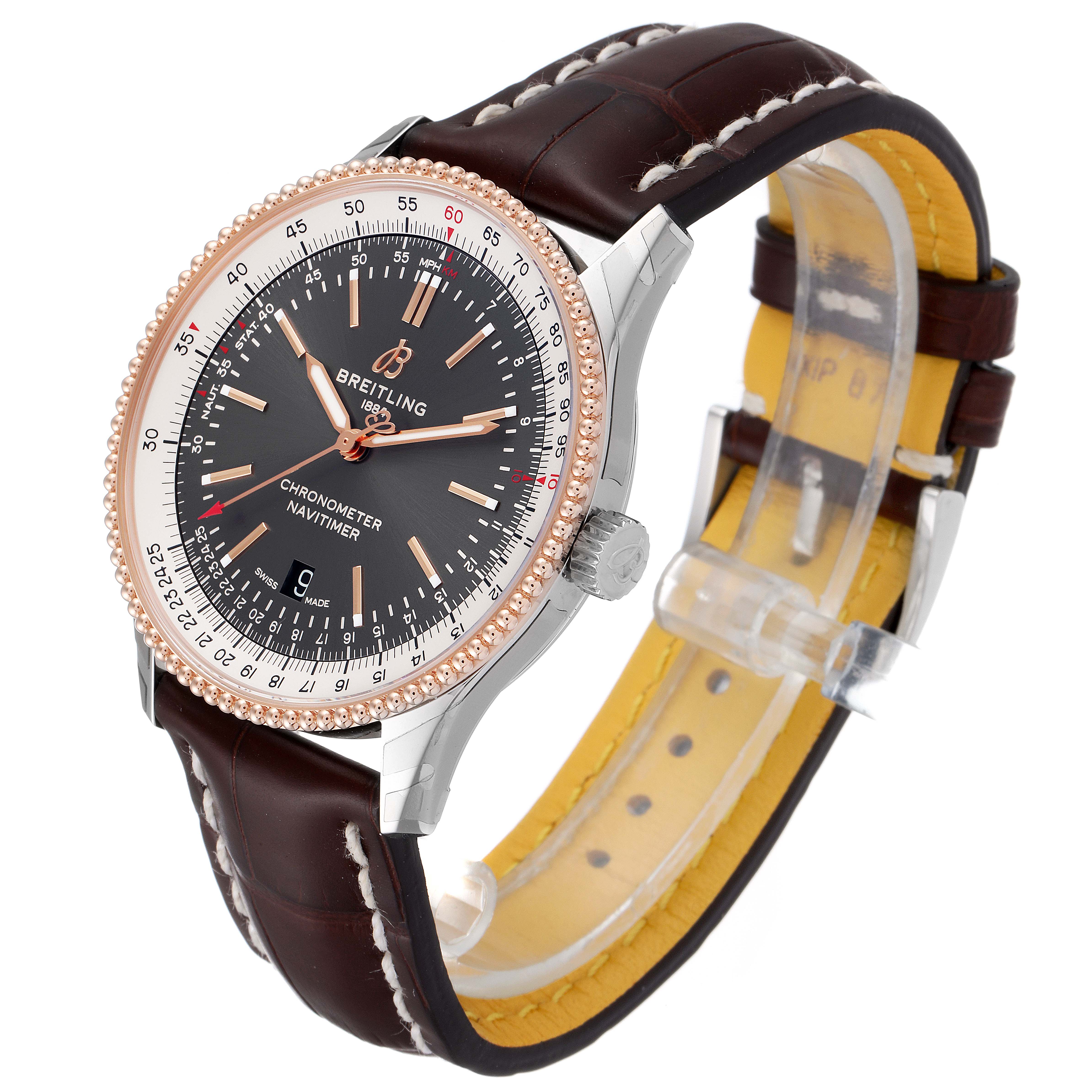 The image shows a side and front view of the Breitling Navitimer U17326211M1P1 Men
s Stainless Steel Grey Dial U17326211M1P1 Men
s Stainless Steel Grey Dial watch with its brown leather strap and rose gold bezel.
