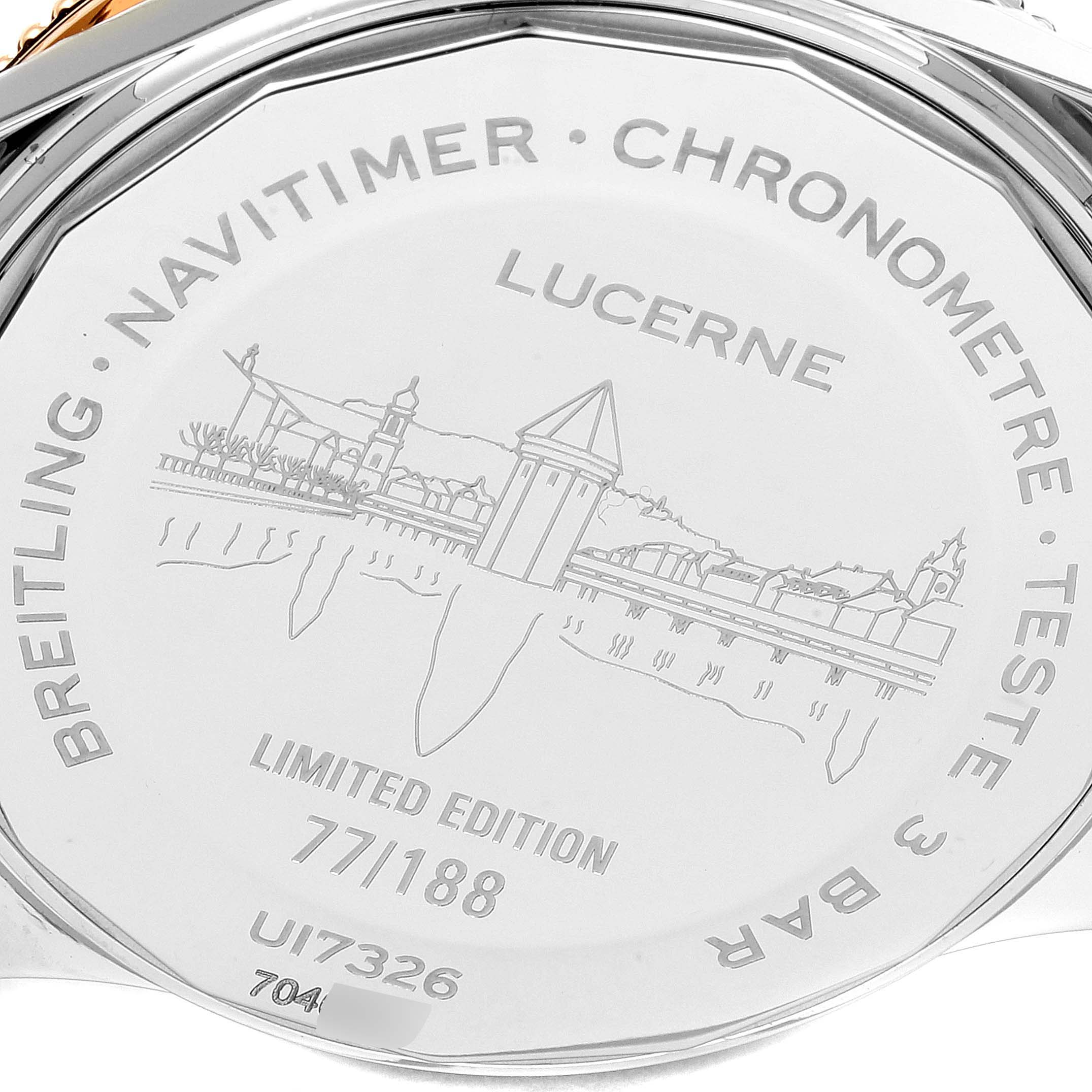 The image shows the back case of a limited edition Breitling Navitimer U17326211M1P1 Men's Stainless Steel Grey Dial U17326211M1P1 Men's Stainless Steel Grey Dial watch, featuring an engraving of Lucerne and serial number details.