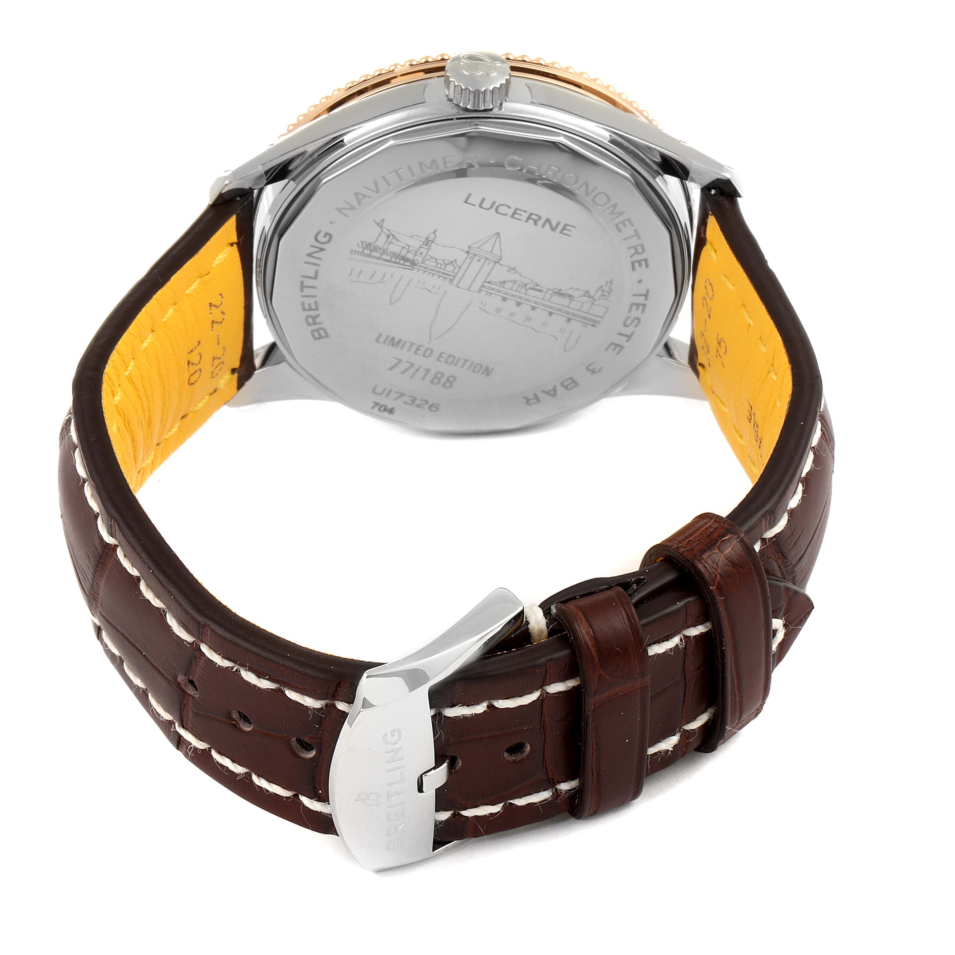 The image shows the back angle of a Breitling Navitimer U17326211M1P1 Men's Stainless Steel Grey Dial U17326211M1P1 Men's Stainless Steel Grey Dial watch, highlighting the case back and brown leather strap.