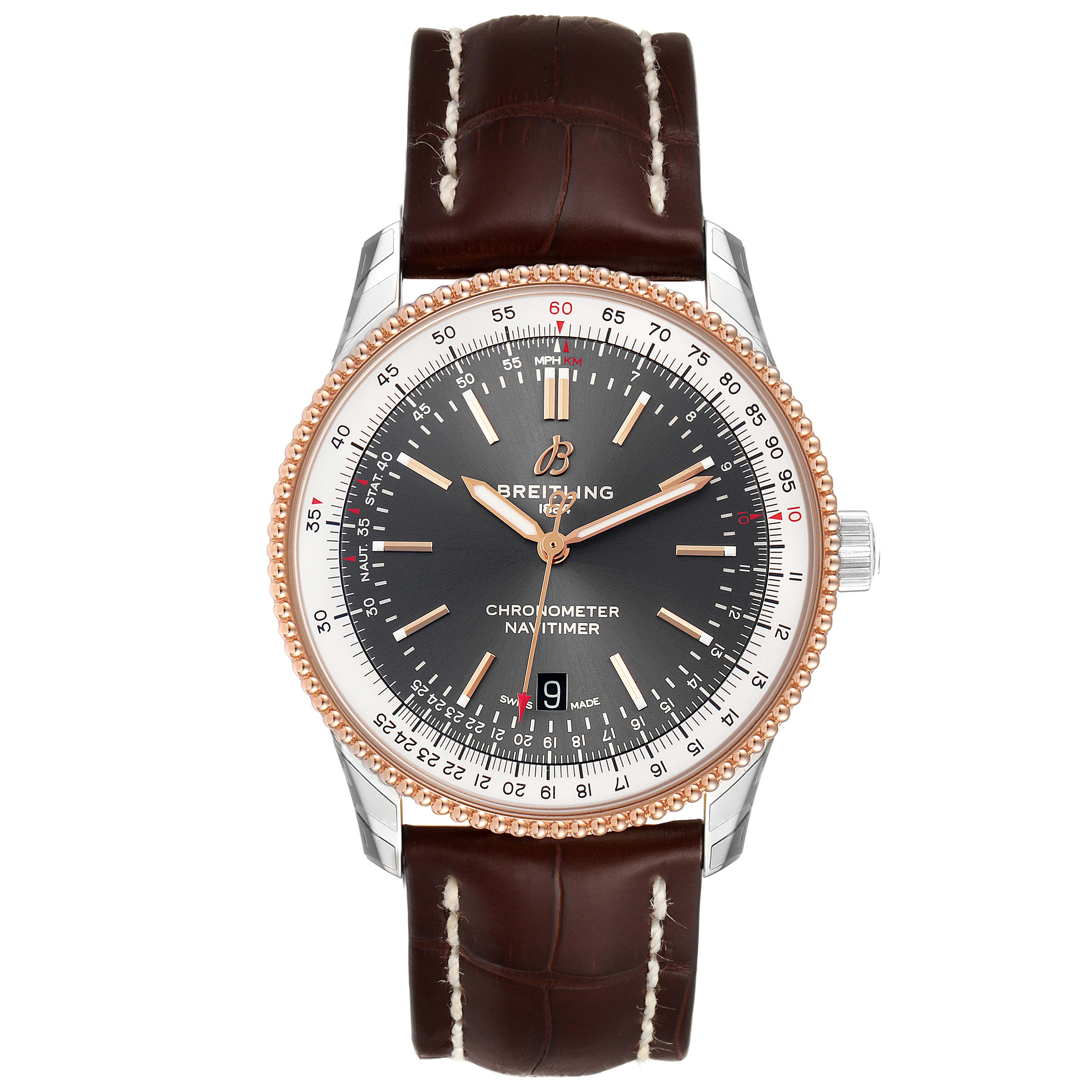 The image shows a Breitling Navitimer U17326211M1P1 Men's Stainless Steel Grey Dial U17326211M1P1 Men's Stainless Steel Grey Dial watch at a front view, highlighting the dial, bezel, crown, and leather strap.
