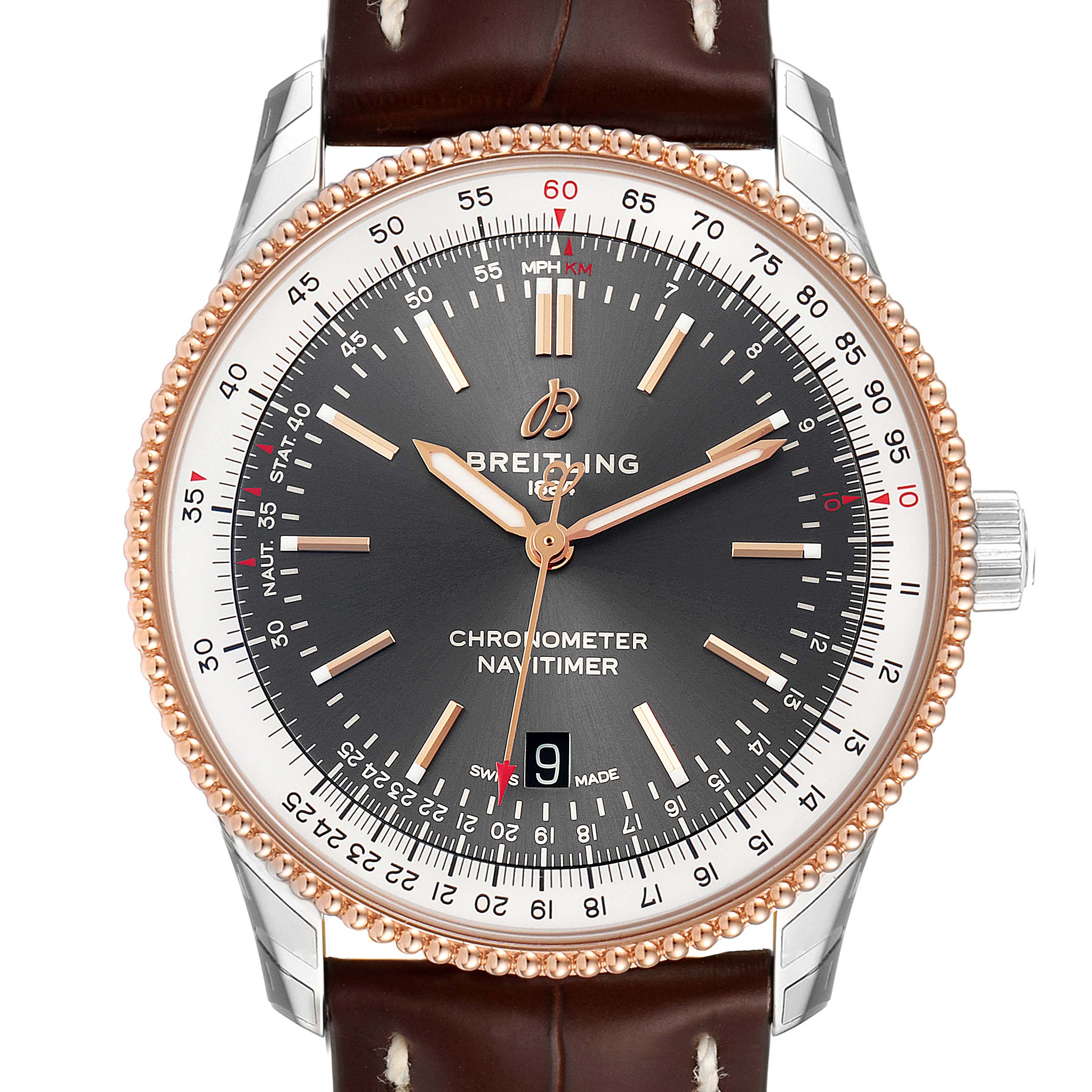 The image shows a front view of a Breitling Navitimer U17326211M1P1 Men's Stainless Steel Grey Dial U17326211M1P1 Men's Stainless Steel Grey Dial watch with a brown leather strap and a rose gold bezel.
