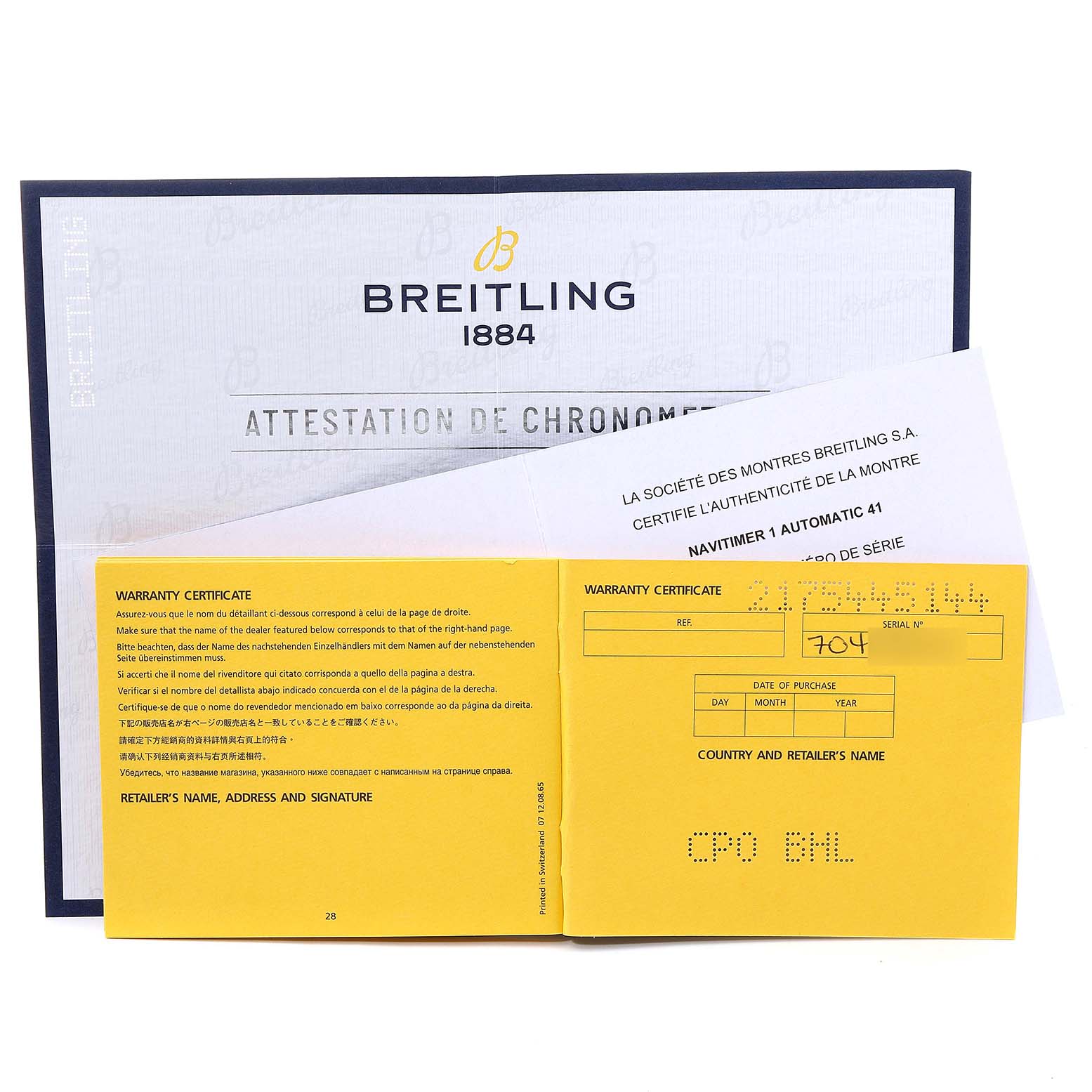 The image shows warranty certificates and authenticity documents for the Breitling Navitimer U17326211M1P1 Men's Stainless Steel Grey Dial U17326211M1P1 Men's Stainless Steel Grey Dial model watch.