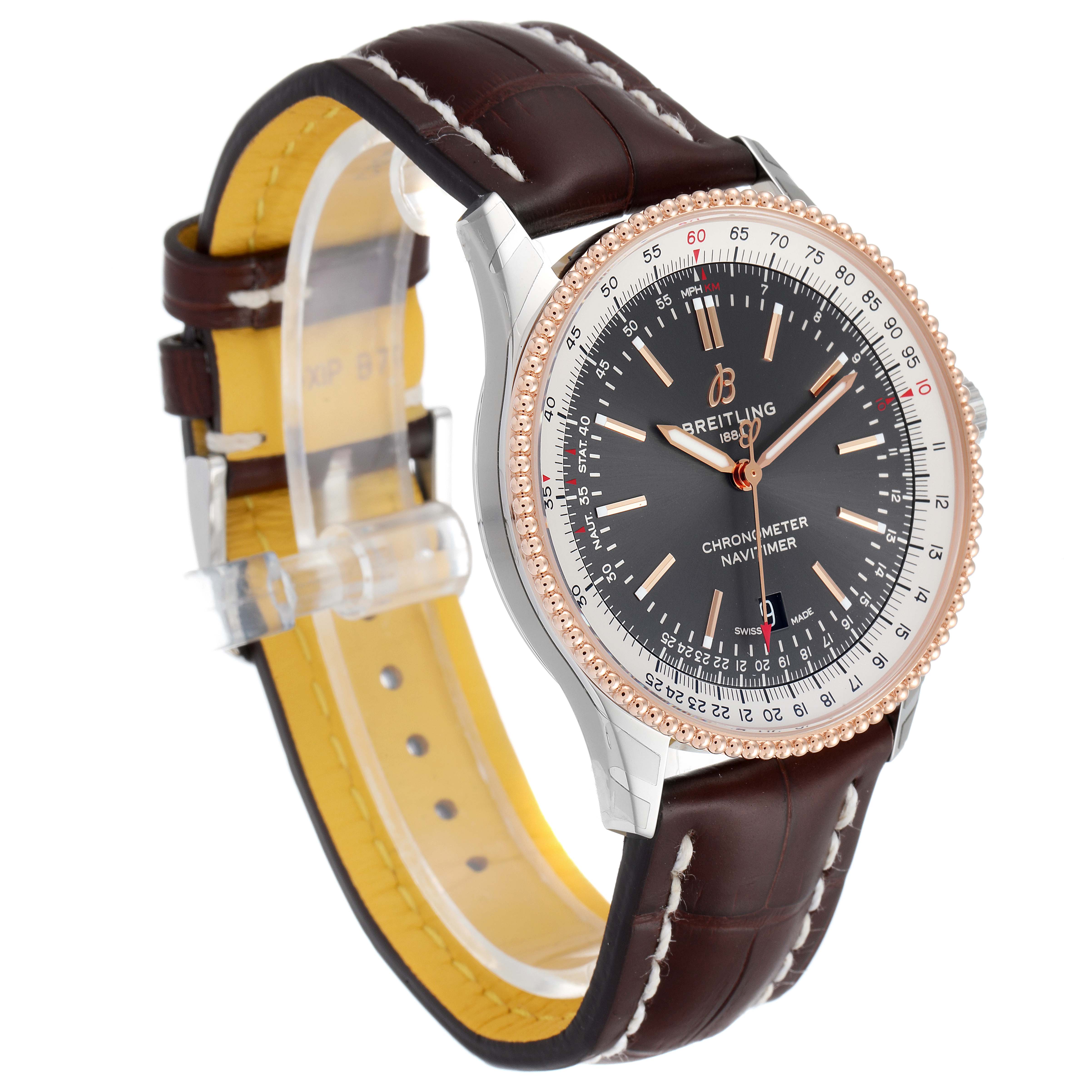 This image displays a side angle view of the Breitling Navitimer U17326211M1P1 Men's Stainless Steel Grey Dial U17326211M1P1 Men's Stainless Steel Grey Dial watch, showcasing its face, bezel, and leather strap.