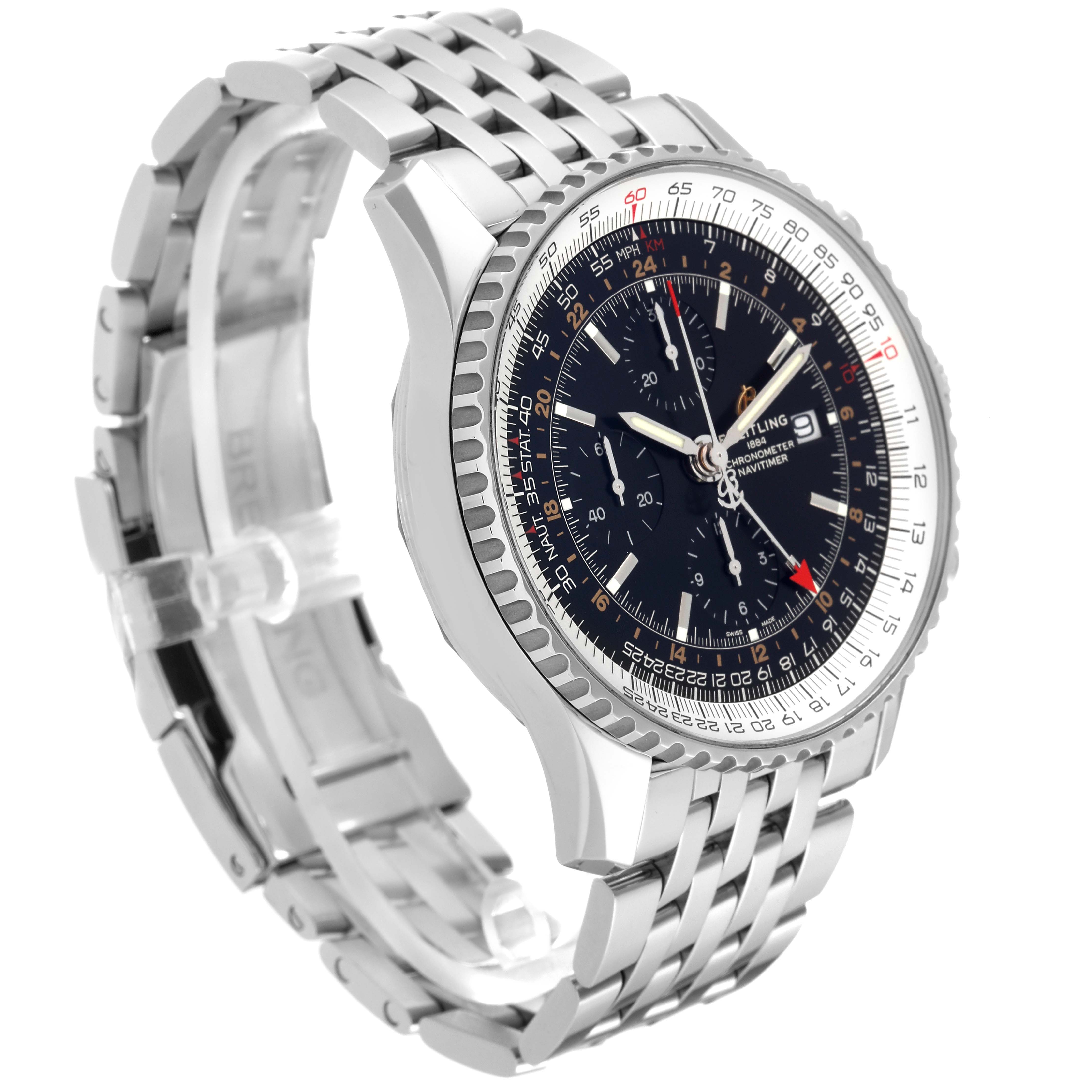 The Breitling Navitimer A24322121B2A1 Men
s Stainless Steel Black Dial A24322121B2A1 Men
s Stainless Steel Black Dial watch is shown at a slight angle, highlighting its face, bezel, and metal bracelet.