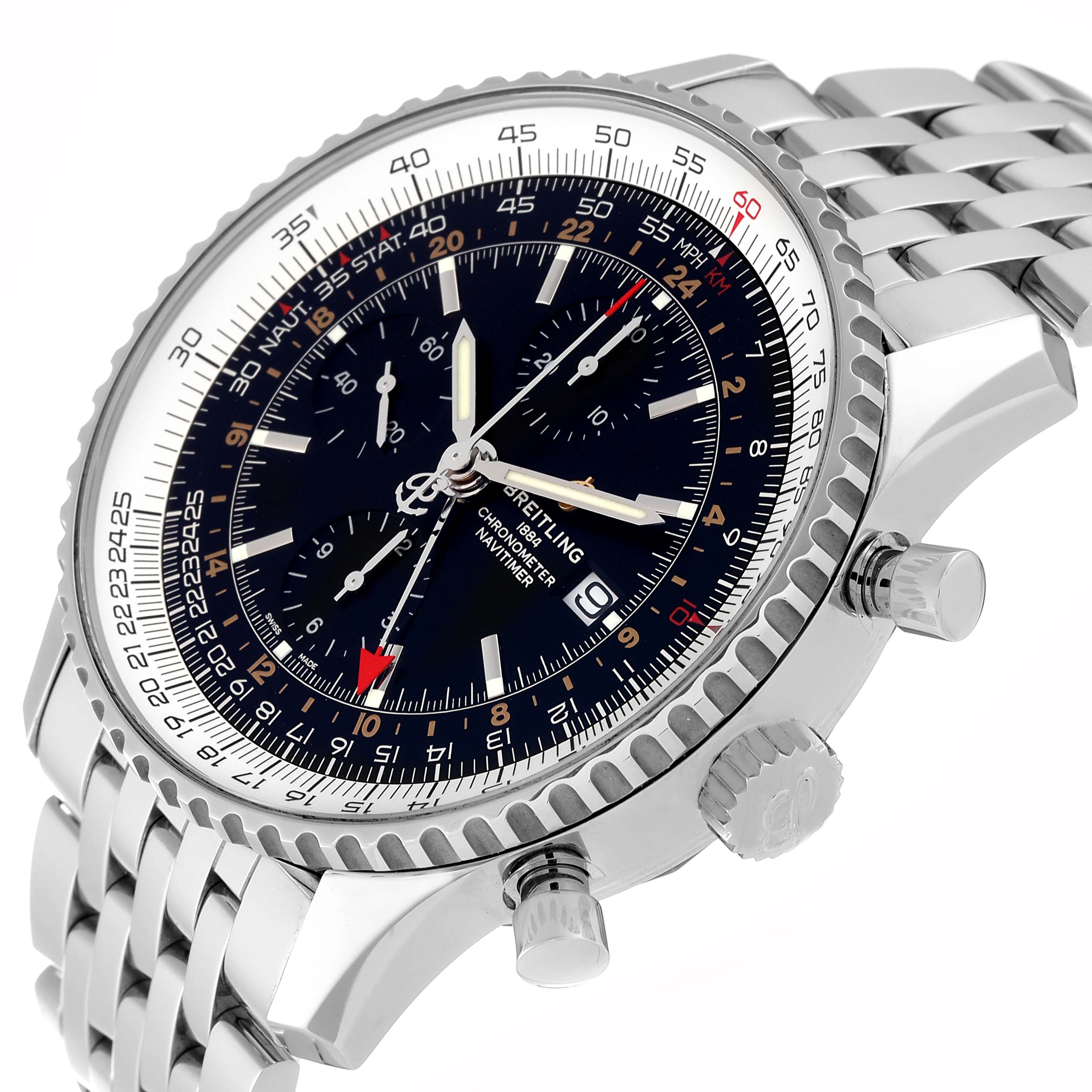 The image shows a close-up angle of a Breitling Navitimer A24322121B2A1 Men
s Stainless Steel Black Dial A24322121B2A1 Men
s Stainless Steel Black Dial watch highlighting its face, bezel, crown, pushers, and bracelet.