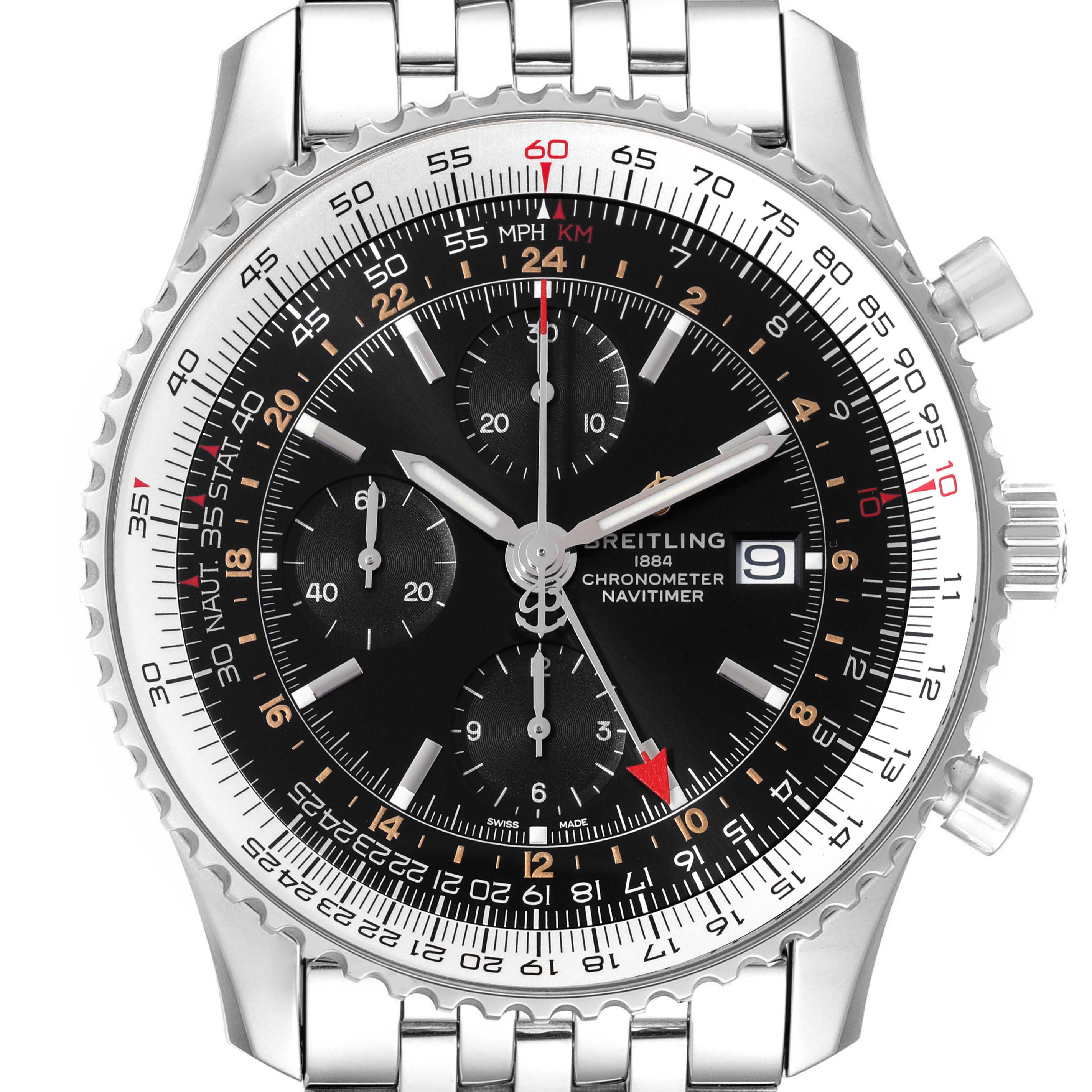 The Breitling Navitimer A24322121B2A1 Men
s Stainless Steel Black Dial A24322121B2A1 Men
s Stainless Steel Black Dial watch is shown from a front angle, displaying the dial, bezel, chronograph subdials, and part of the bracelet.