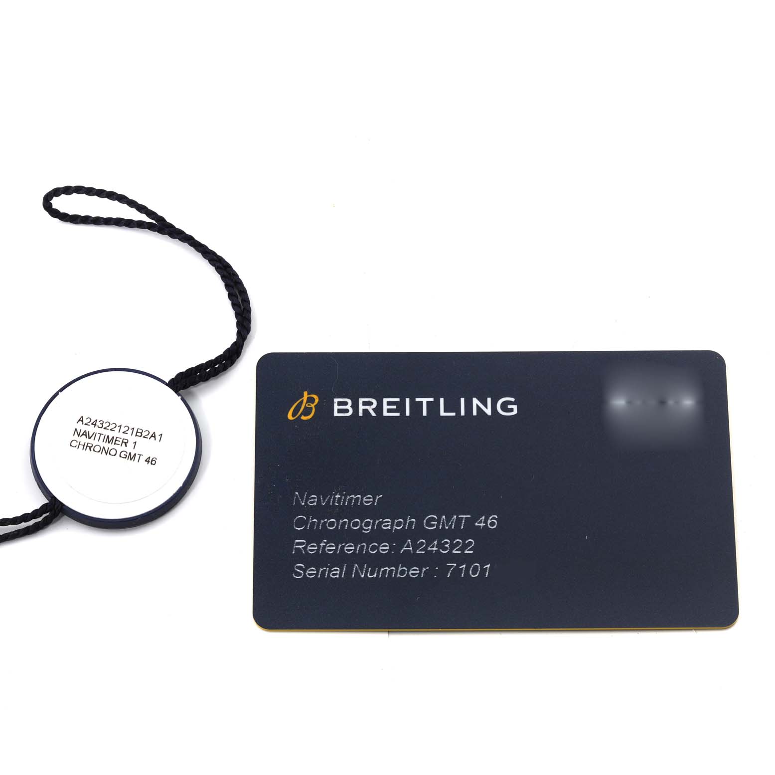 The image shows the tag and warranty card for a Breitling Navitimer A24322121B2A1 Men
s Stainless Steel Black Dial A24322121B2A1 Men
s Stainless Steel Black Dial Chronograph GMT 46 watch.