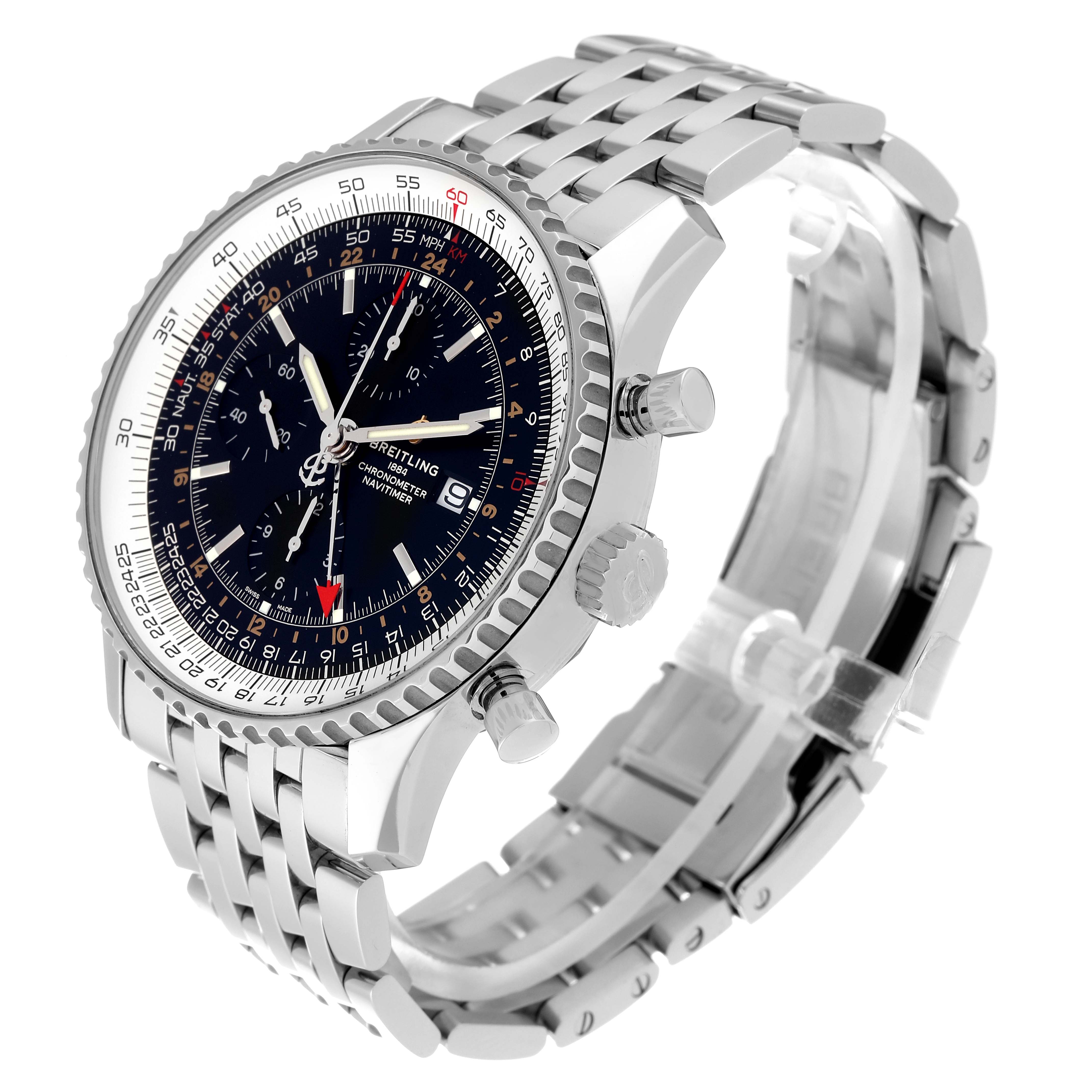 The image shows a side view of a Breitling Navitimer A24322121B2A1 Men
s Stainless Steel Black Dial A24322121B2A1 Men
s Stainless Steel Black Dial watch, highlighting the dial, bezel, pushers, crown, and bracelet.