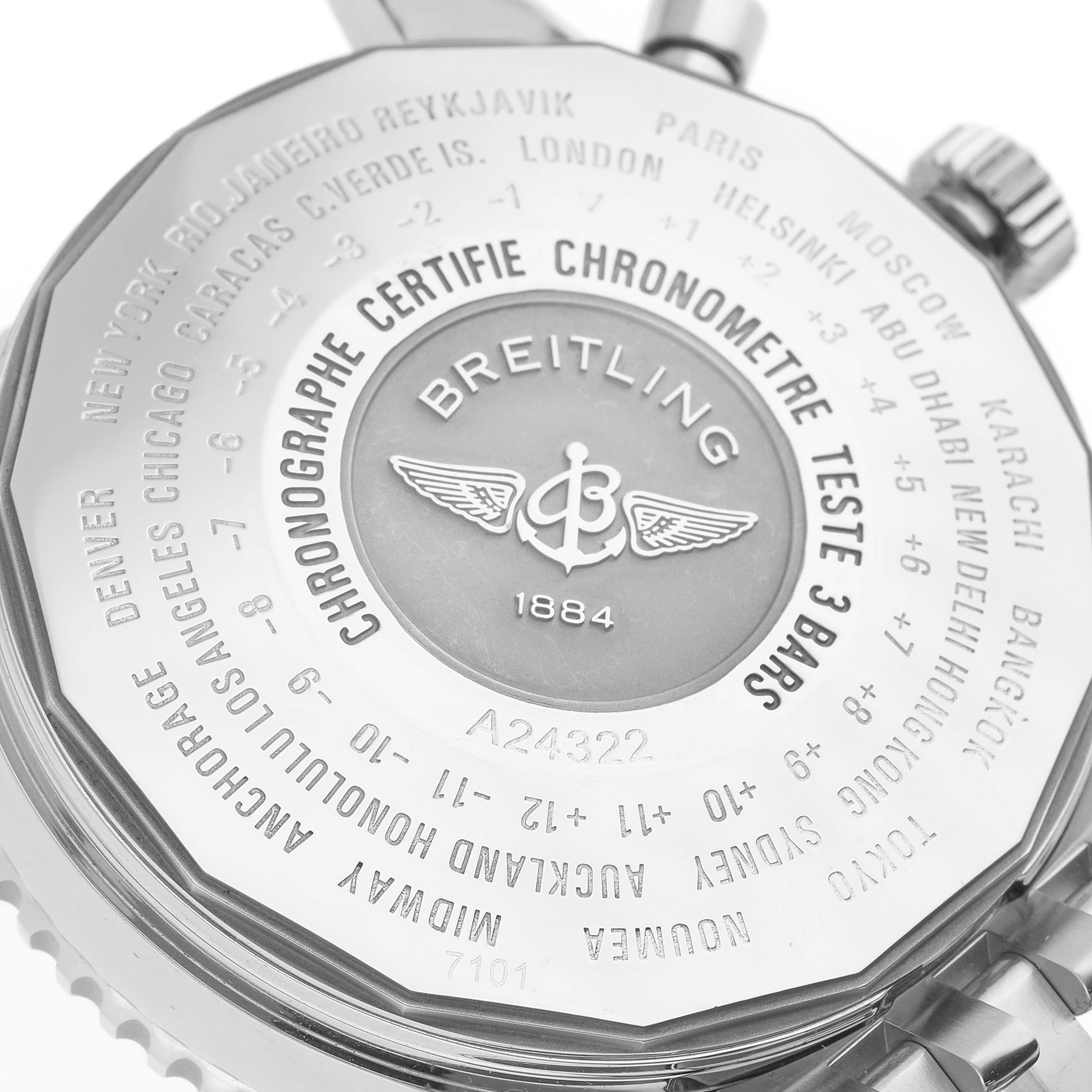 The image shows the back of a Breitling Navitimer A24322121B2A1 Men
s Stainless Steel Black Dial A24322121B2A1 Men
s Stainless Steel Black Dial watch, highlighting the engravings and markings on the case.
