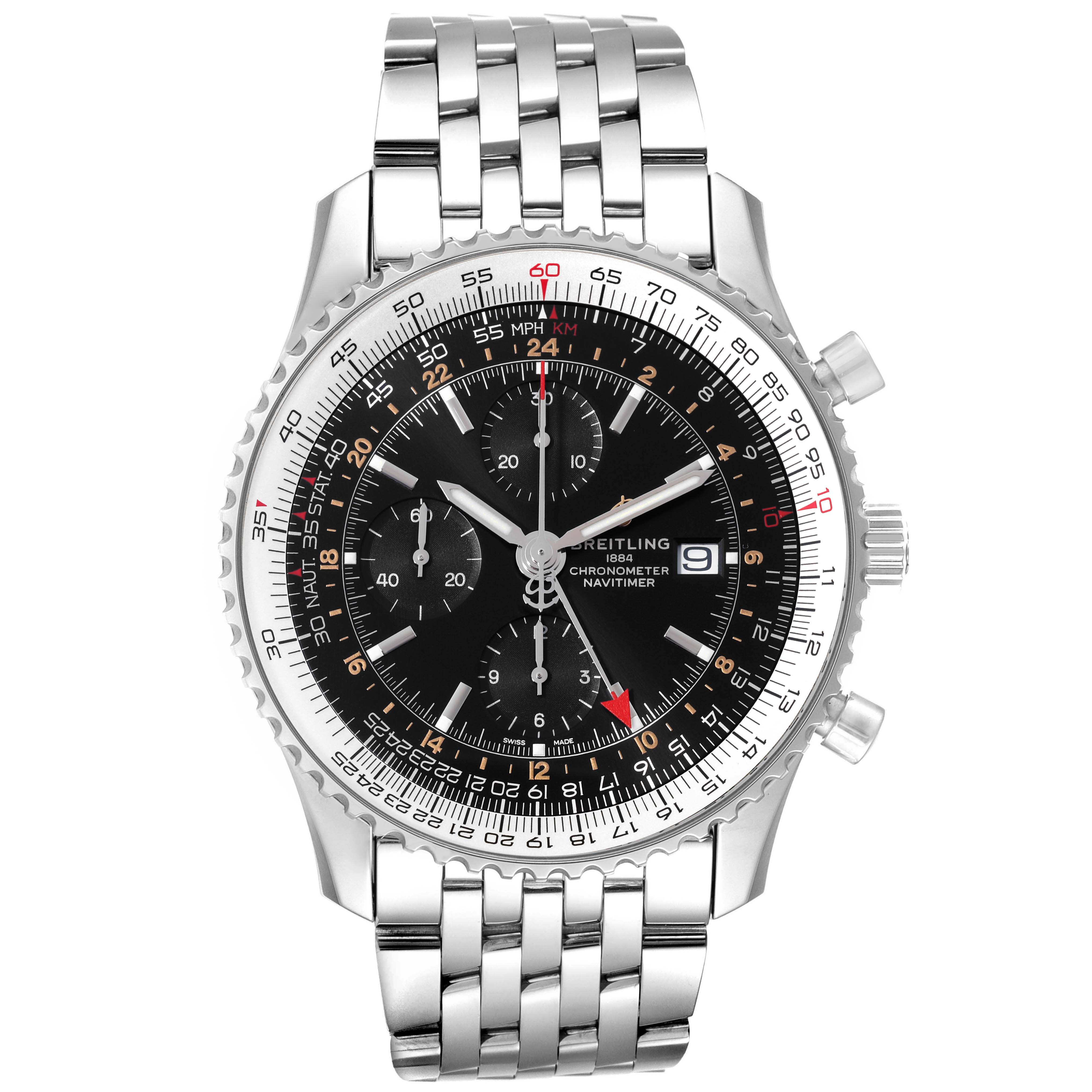 The image shows a front view of a Breitling Navitimer A24322121B2A1 Men
s Stainless Steel Black Dial A24322121B2A1 Men
s Stainless Steel Black Dial watch, highlighting its bezel, dial, chronograph subdials, and metal bracelet.