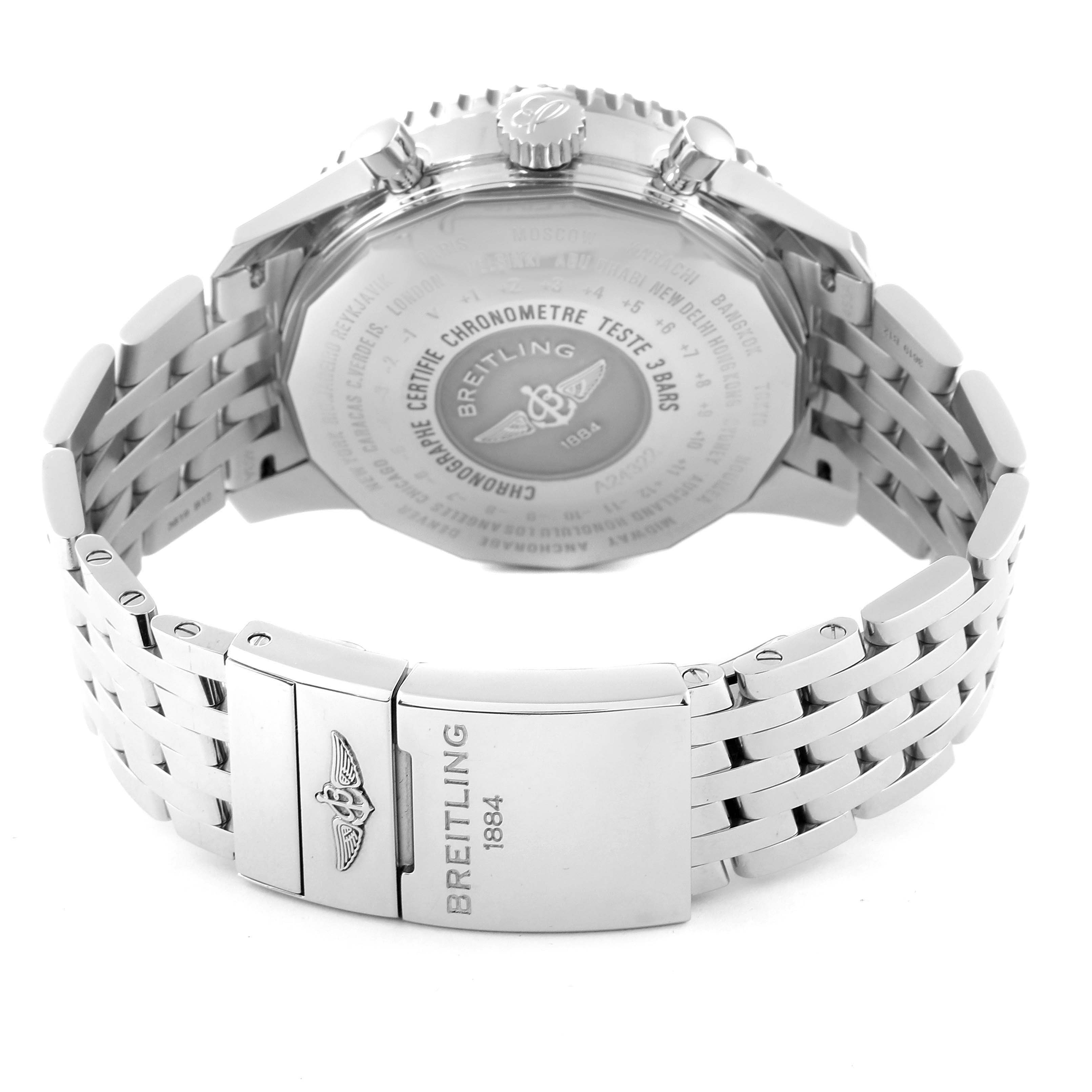 The image shows the backside of the Breitling Navitimer A24322121B2A1 Men
s Stainless Steel Black Dial A24322121B2A1 Men
s Stainless Steel Black Dial watch and its metal bracelet clasp.