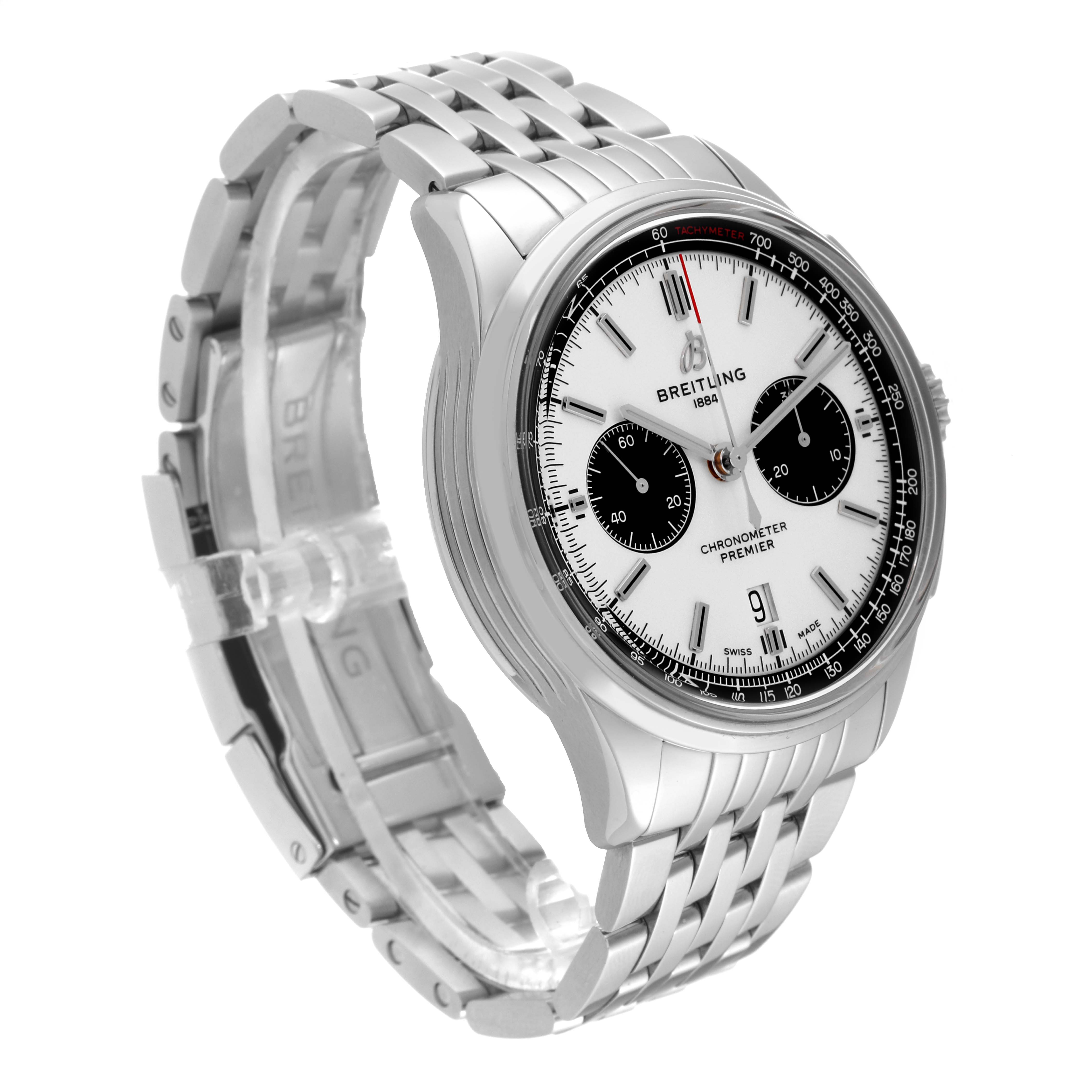 The image shows a Breitling Premier AB0118 Men's Stainless Steel Silver Dial AB0118 Men's Stainless Steel Silver Dial model watch, highlighting its face, bezel, and stainless steel bracelet at a slight angle from the front left.
